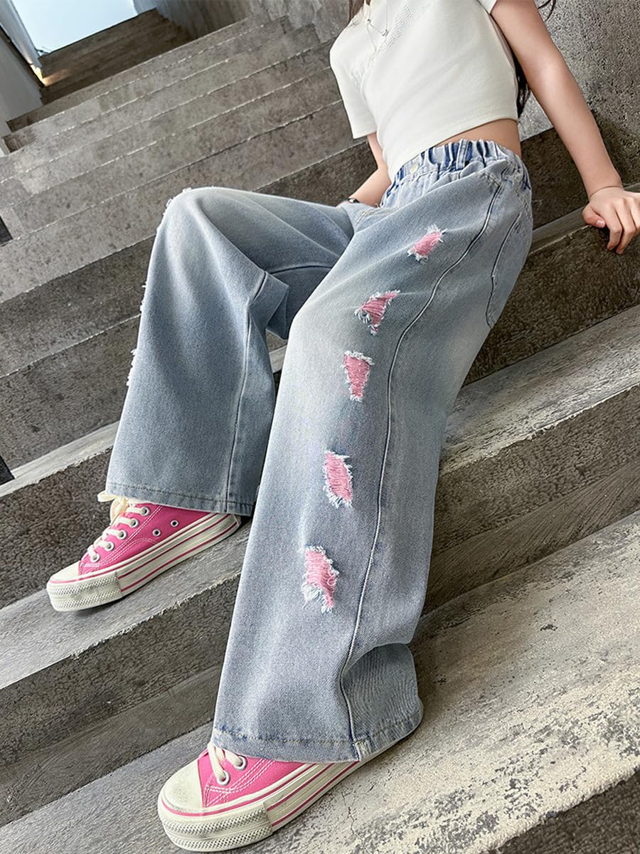 **NABER Girls' Stretch Elastic Waist Ripped Jeans - Distressed Washed Denim Wide Leg Pants for Kids Age 5-15 - Perfect for School, Playdates & Casual Outings**