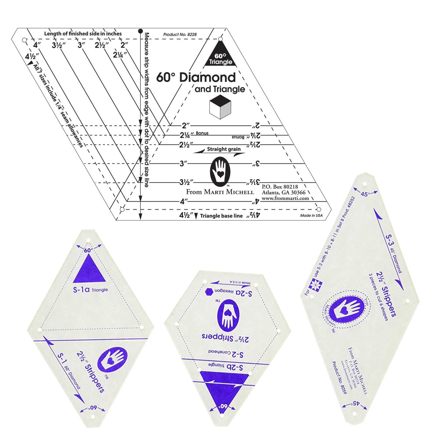Marti Michell Quilting Templates Bundle - 2 Pack: 2.5-Inch Strippers & 60-Degree Diamond/Triangle Templates for Perfect Patchwork | Ideal for Quilting, Sewing & DIY Craft Projects