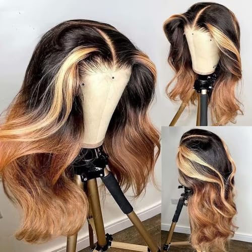 250 Density Ombre Lace Front Wig Human Hair - Highlight Body Wave 13x6 HD Frontal Pre-Plucked Glueless Wig 26 Inch for Women | Perfect for Daily Wear, Parties & Special Occasions