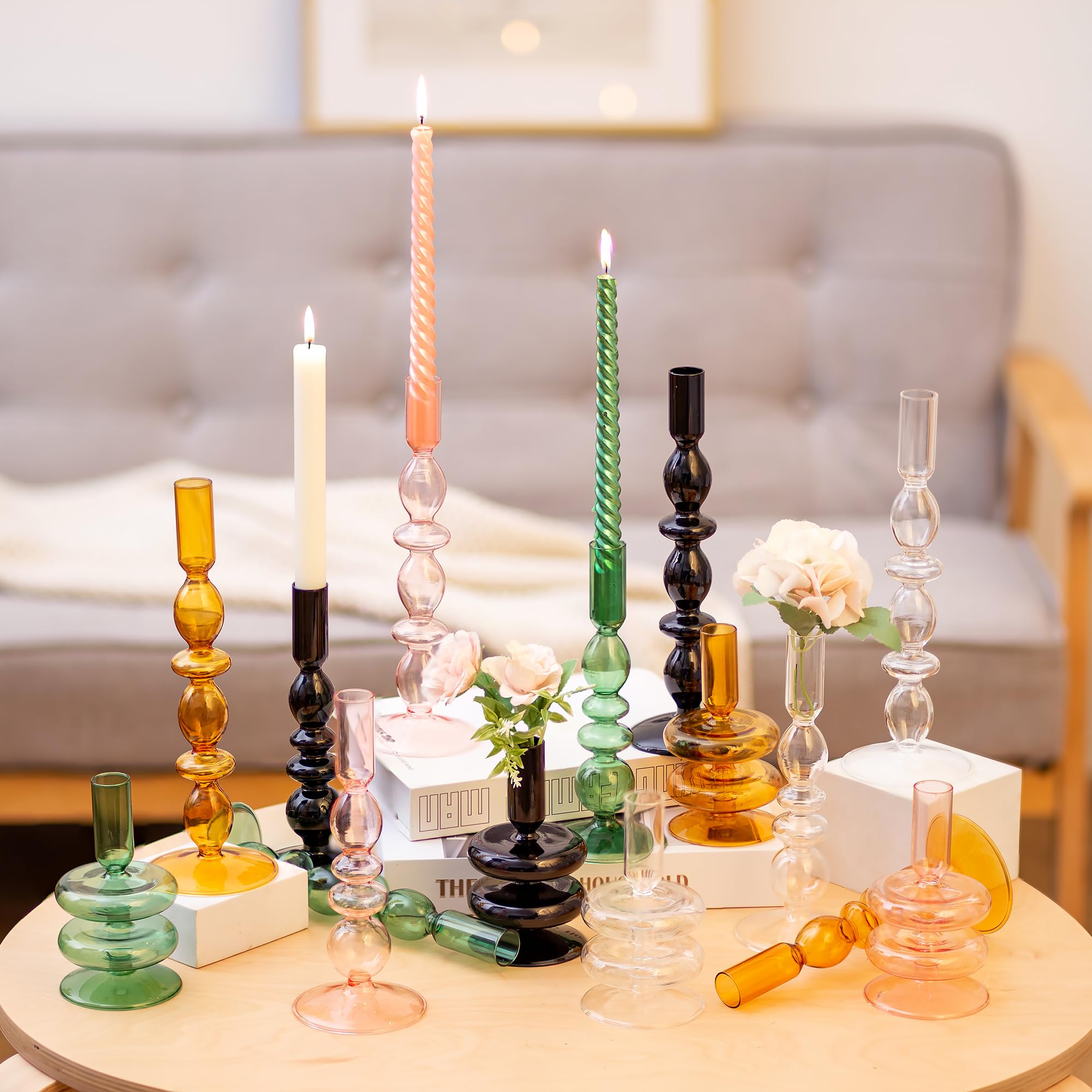 Glasseam Clear Glass Candle Stick Holders Set of 3 - Modern Taper Candle Holders for Wedding, Christmas & Home Decor - Elegant Table Centerpiece for Dining Room, Party & Holiday Decorations