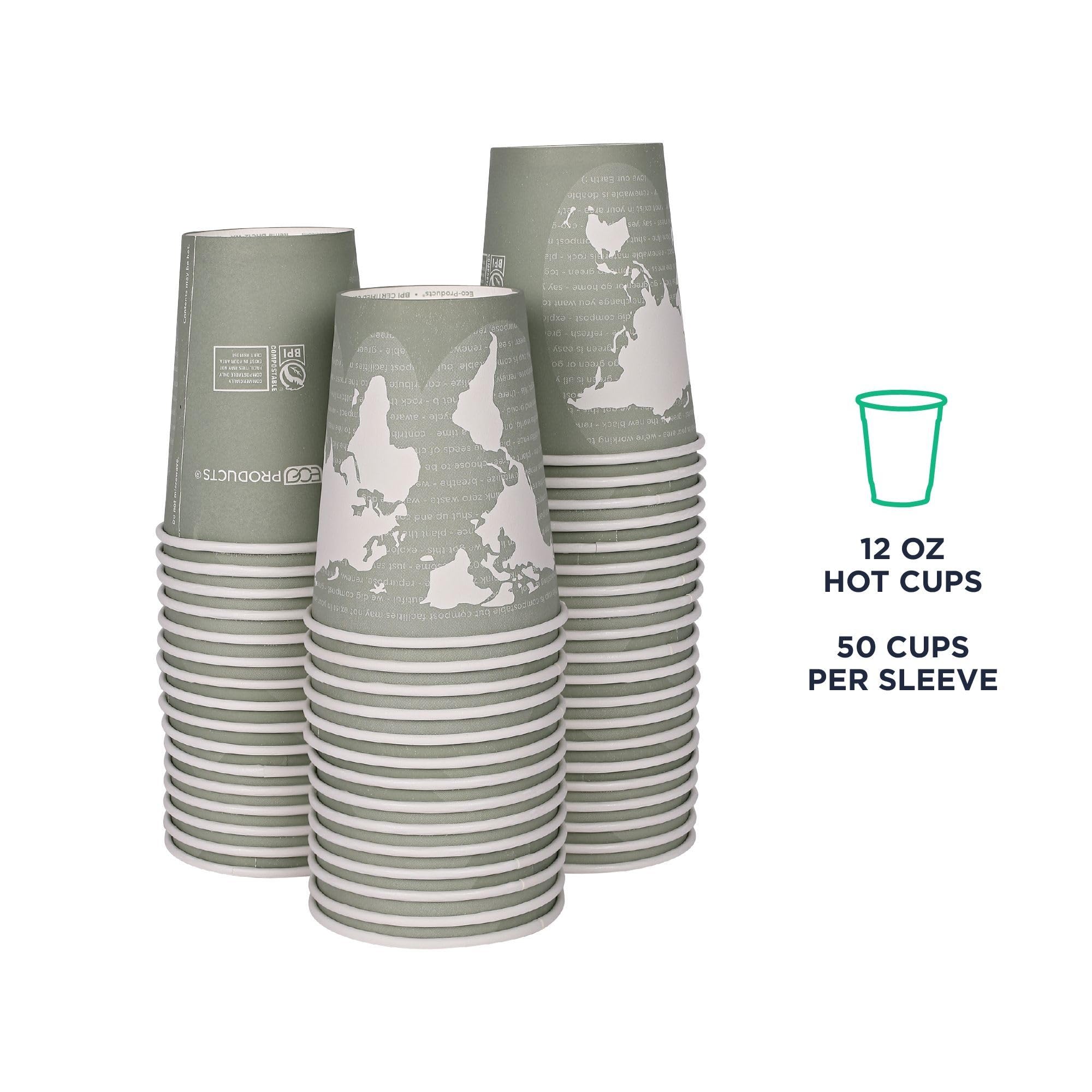 ECO PRODUCTS Compostable 12oz Disposable Coffee Cups - 1000 Count, Plant-Based PLA Lining, Hot/Cold Beverage Containers for Office, Cafes & Events - Biodegradable & Eco-Friendly World Art Design