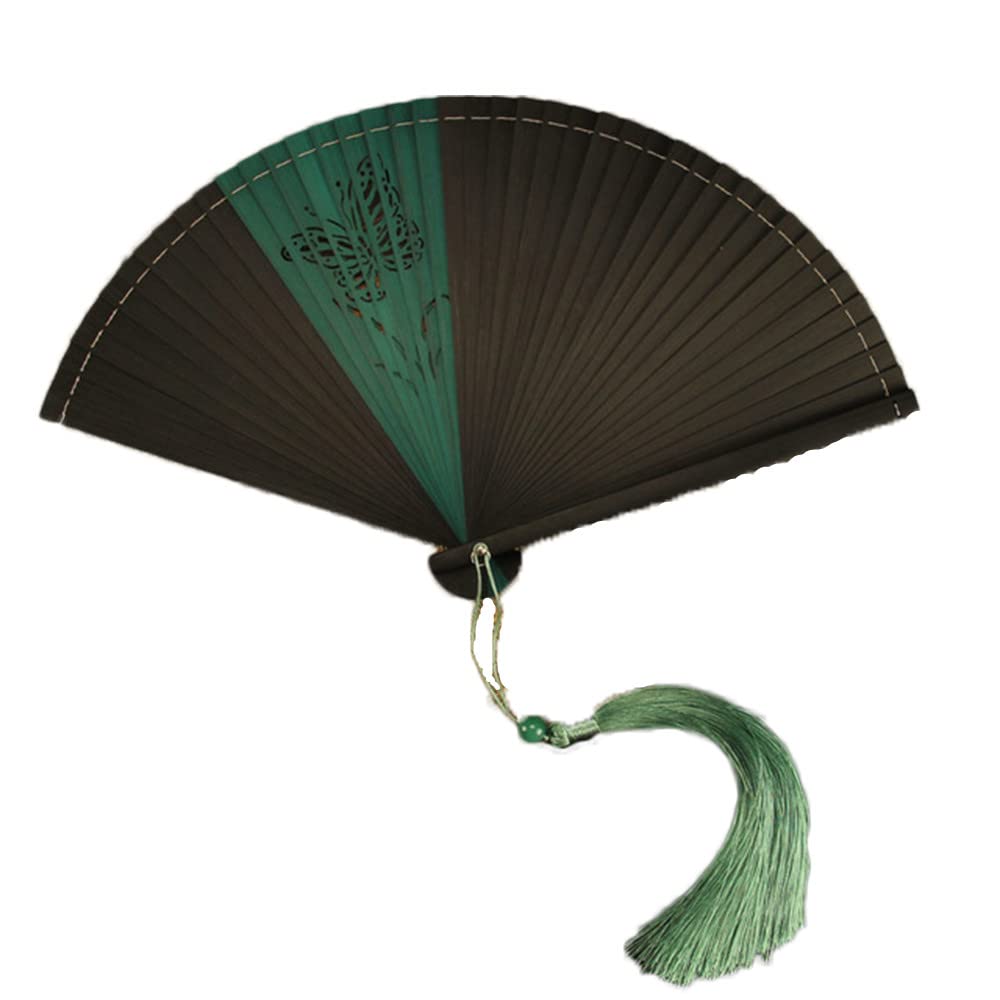 Full Bamboo Hand Fan - Foldable Wedding Fan with Tassel, 100% Bamboo Frame - Chinese & Japanese Style Decorative Handheld Fan - Perfect Gift for Friends (Black & Green) - Ideal for Weddings, Tea Ceremonies, Cosplay & Summer Cooling