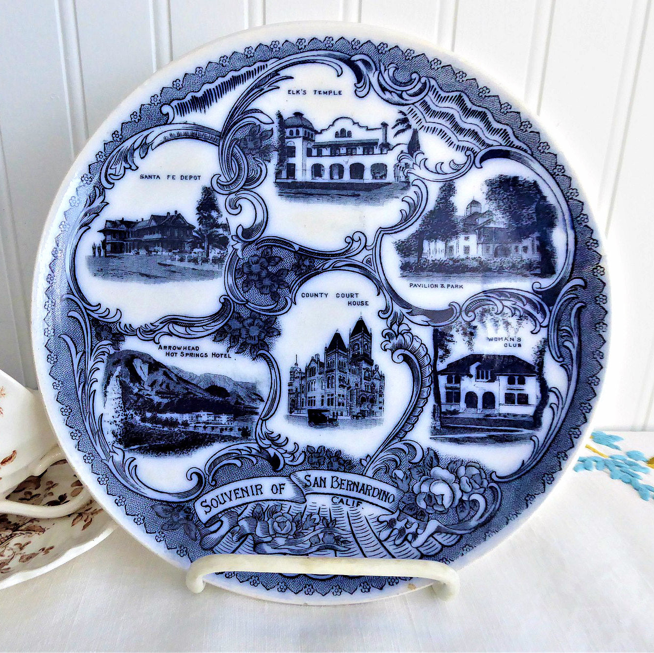 Antique English Flow Blue Transferware Plate - San Bernardino California 1890s Victorian Style for Home Decor & Collectibles