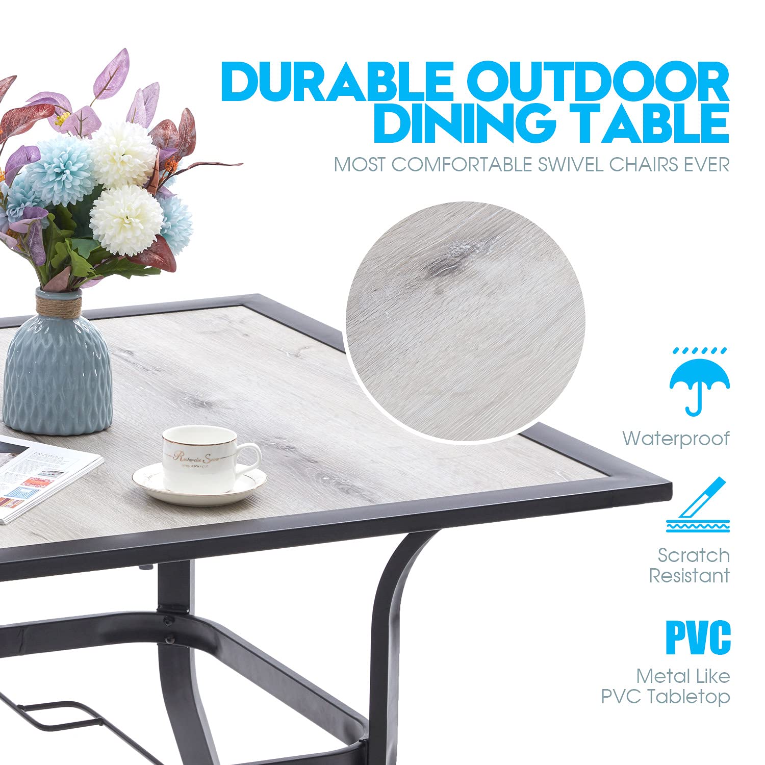 VICLLAX 4-Seater Outdoor Patio Dining Table with Umbrella Hole - Durable Metal Garden Furniture Set in Grey for Backyard, Poolside & BBQ Parties