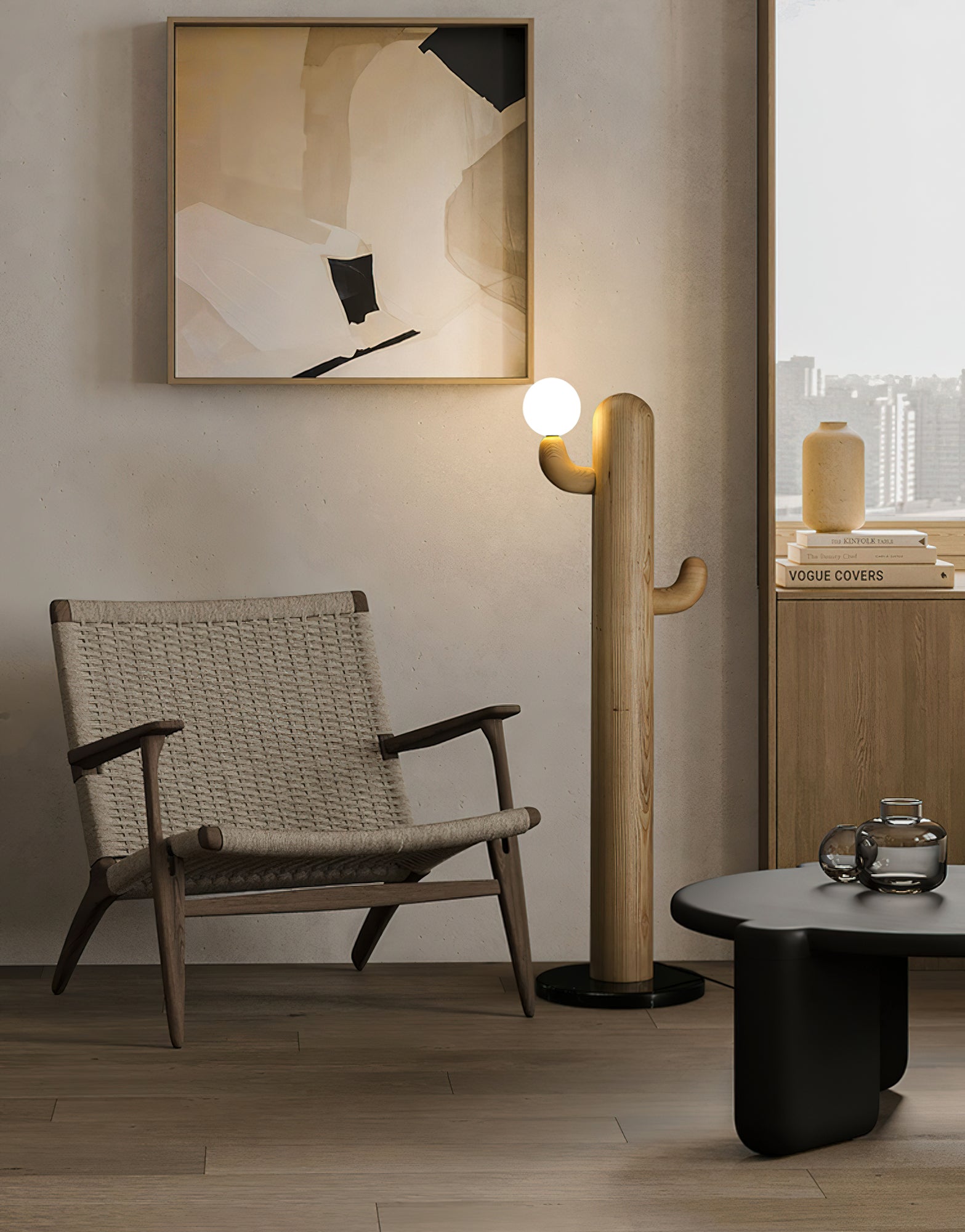 Modern Cactus Wood Floor Lamp - Handcrafted Natural Wood Standing Light for Living Room, Bedroom & Office - Warm Ambient Lighting for Home Decor
