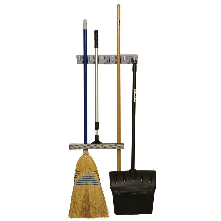 Winco 16-Inch Wall Mount Mop & Broom Holder with 5 Clips & 6 Hooks - Heavy Duty Organizer for Kitchen, Garage, Laundry Room Cleaning Tools Storage