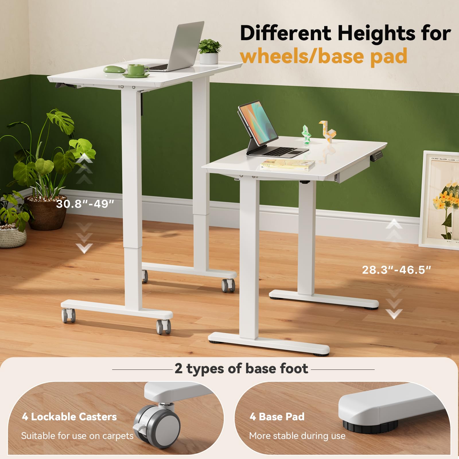 Adjustable Height Glass Standing Desk with Drawer - 35x20 Inch Electric Sit Stand Computer Desk with Wheels, White | Perfect for Home Office, Small Spaces & Ergonomic Workspaces