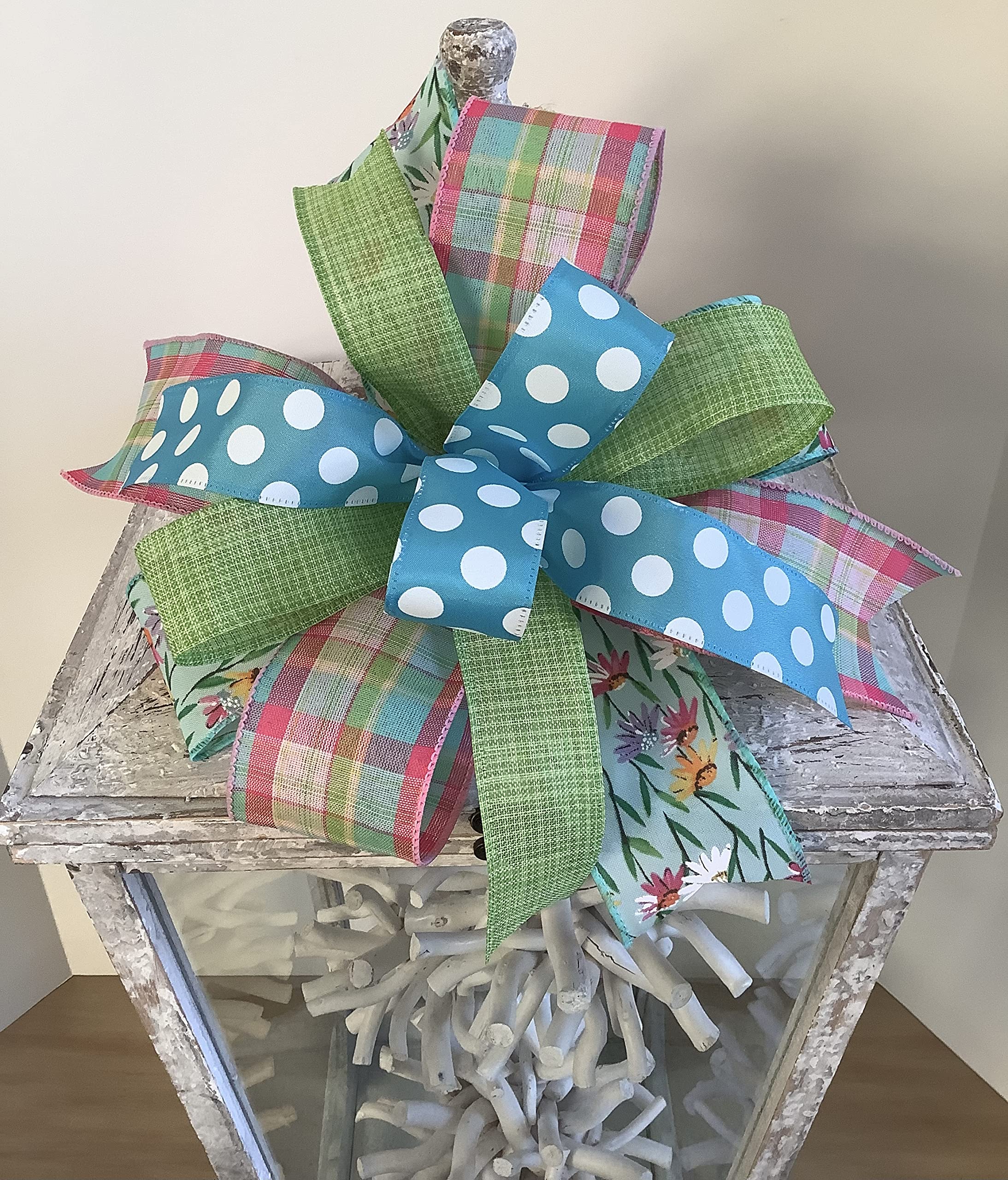 Spring Wreath Bow & Easter Wreath Bow - Decorative Floral Ribbon Bows for Spring Lanterns, Easter Baskets, Front Door Decorations & Seasonal Home Decor