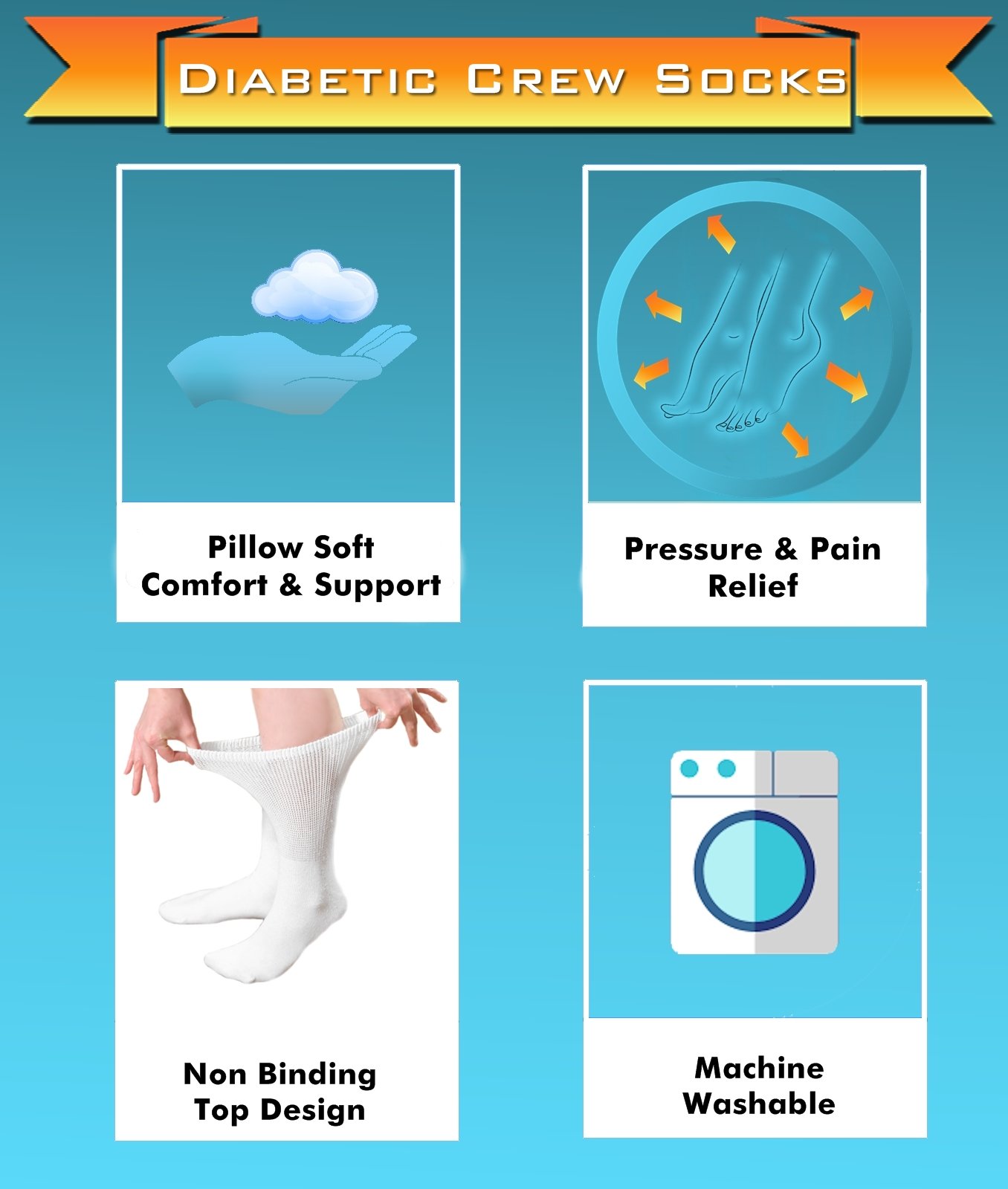 Diabetic Crew Socks for Men & Women - Breathable Cotton Socks with Non-Binding Top - Comfortable Loose Fit Socks for Swollen Feet Relief & Improved Circulation - Ideal for Diabetes, Edema and Daily Wear