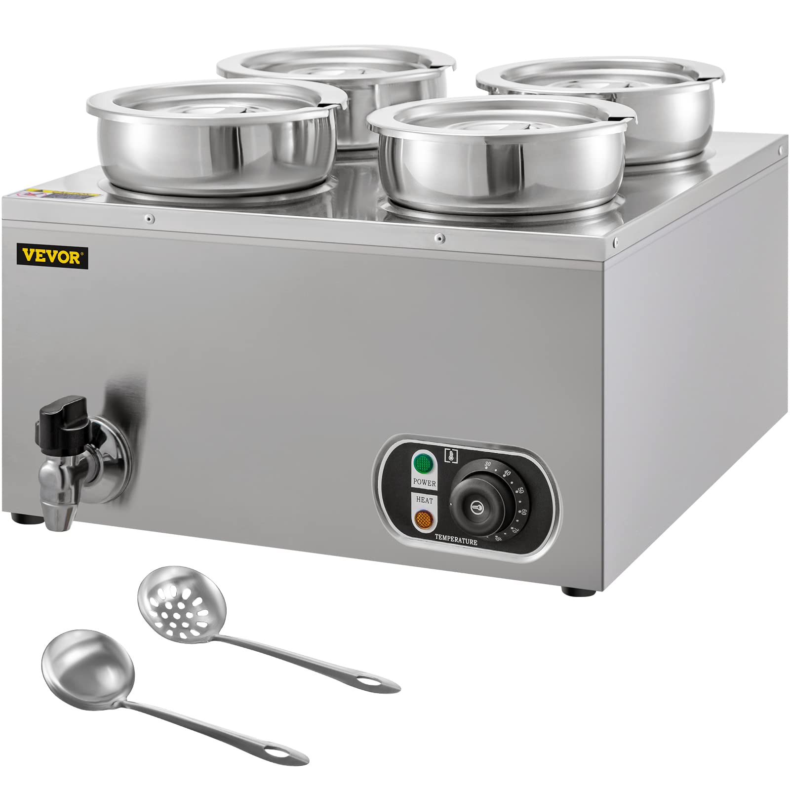 VEVOR 110V Commercial Food Warmer 16.8 Qt Stainless Steel Electric Soup Warmer with Tap - Adjustable Temperature 32-185℉, 1500W Countertop Bain Marie for Cheese, Hot Dogs, Rice - Perfect for Restaurants, Catering & Buffets