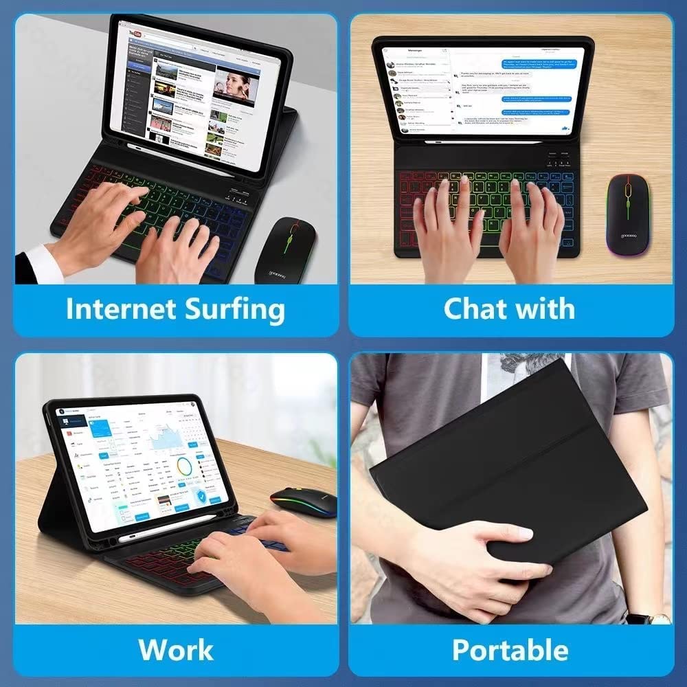 Rechargeable Wireless Bluetooth Keyboard and Mouse Combo with 7-Color Backlit for iPad 9th/8th Gen, iPad Pro/Air/Mini, iPhone 14/13/12 Pro - Perfect for Home Office, Online Learning & Gaming (Black)