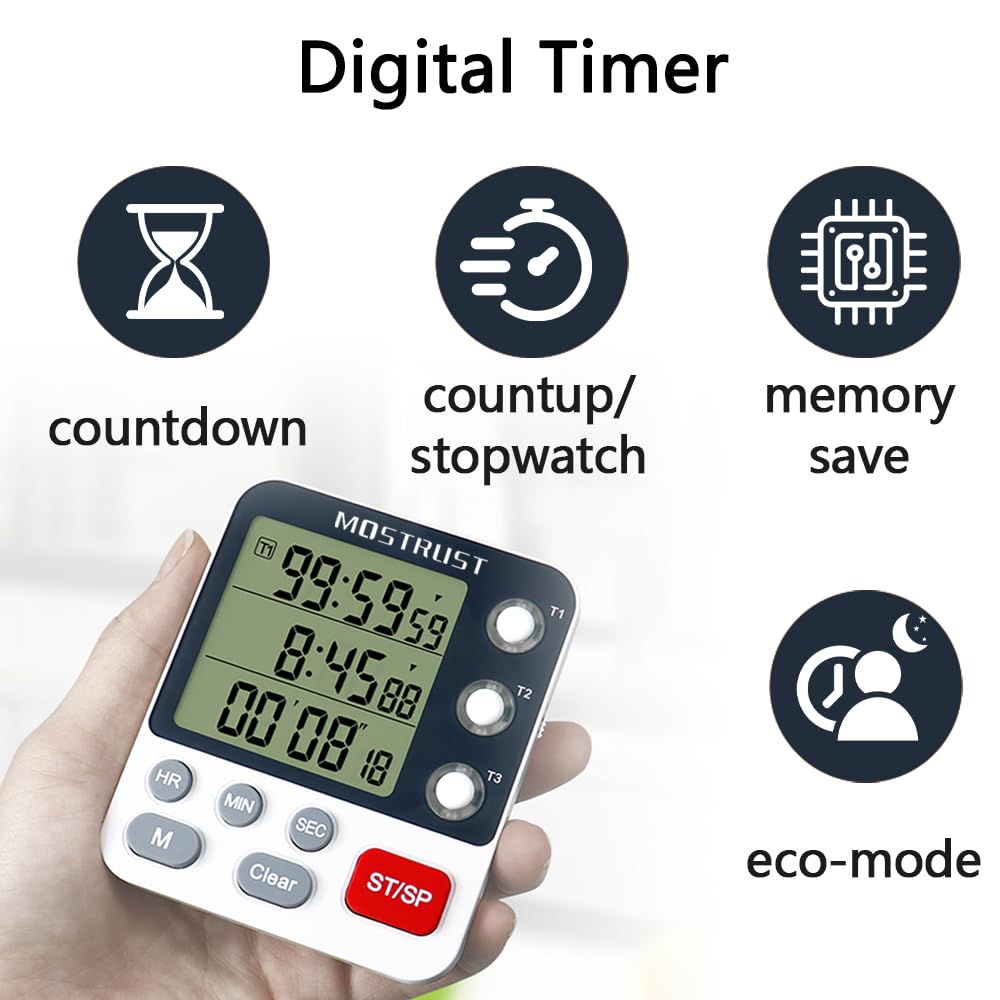 Digital Dual Kitchen Timer with 3 Channels - Count Up/Down Triple Cooking Timer for Baking, Memory Presets, Magnetic Back & Large Display - Adjustable Alarm Volume for Multi Time Management - Perfect for Baking, Cooking, Meal Prep & Kitchen Organization
