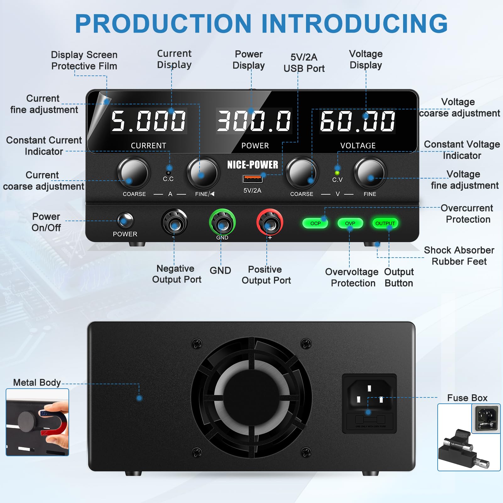 Adjustable DC Power Supply 60V 5A 300W with LED Display & USB Port - High Precision Variable Switching Regulated Bench Lab Power Supply for Electronics Testing, DIY Projects, and Circuit Prototyping