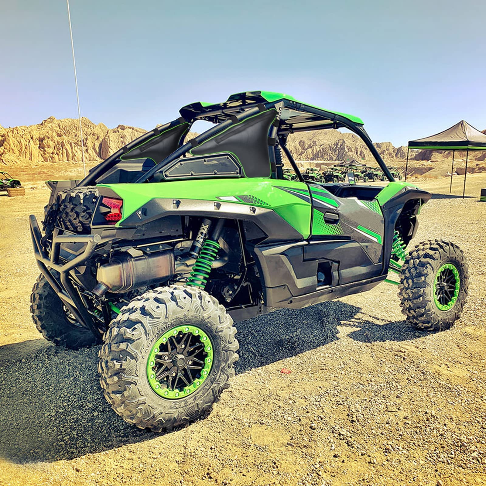 KRX 1000 Storage Bag 2 Pack - Durable Triangle Truss Tool Pouch for UTV Side Cage & Roll Bar | Compatible with Kawasaki Teryx KRX 1000 (2020-2023 Models) | Easy Installation Gear Bag with Green Piping | Perfect for Off-Road Adventures, Hunting & Farm Equipment Storage