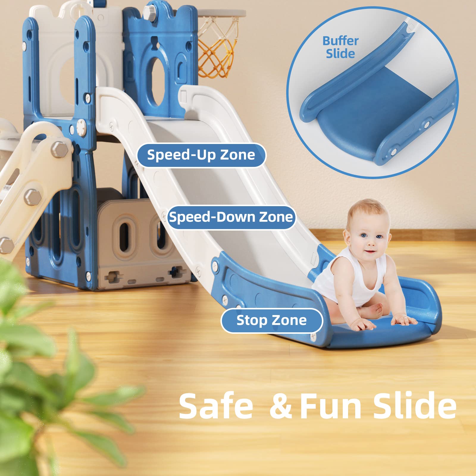 YUFU 6-in-1 Toddler Slide & Climber Set with Basketball Hoop - Indoor/Outdoor Playset for Kids Ages 1-3 Years (Blue Gray) - Perfect for Backyard, Playroom & Preschool Activities