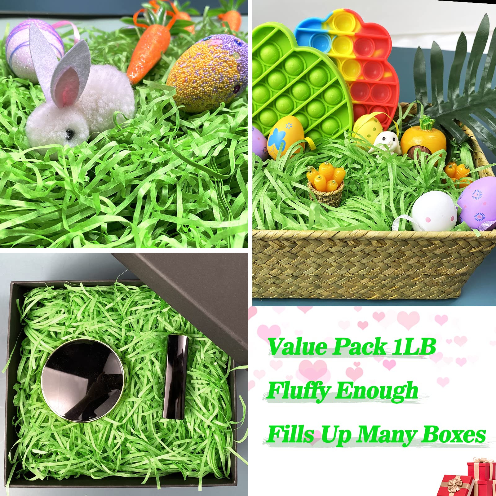 QLINLEAF 1LB Recyclable Easter Green Grass Basket Filler - Eco-Friendly Paper Raffia Shred for Easter Party Decorations, Gift Baskets & Spring Home Decor