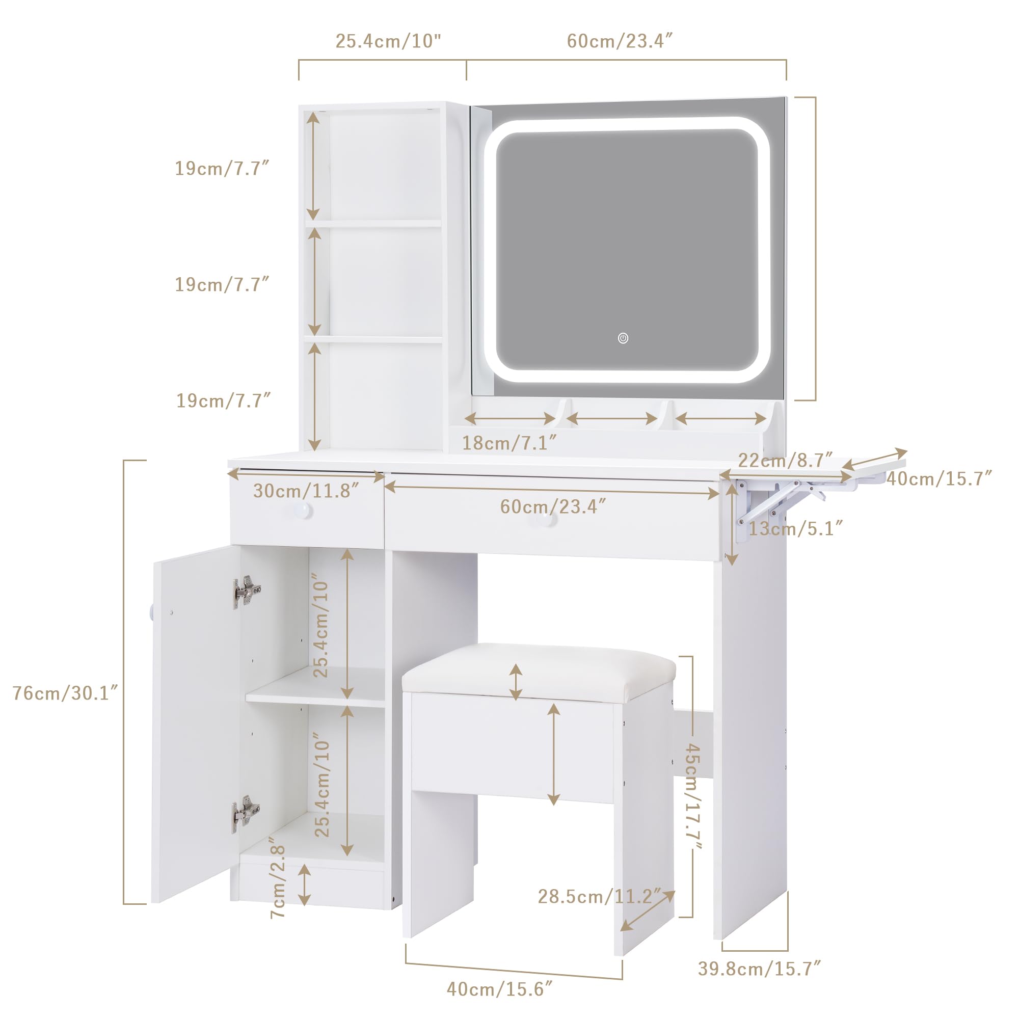 White Vanity Desk with LED Lights & Mirror - Makeup Vanity Table with Charging Station, Storage Drawers & Adjustable Stool - Perfect for Bedroom, Dressing Room & Home Office Organization