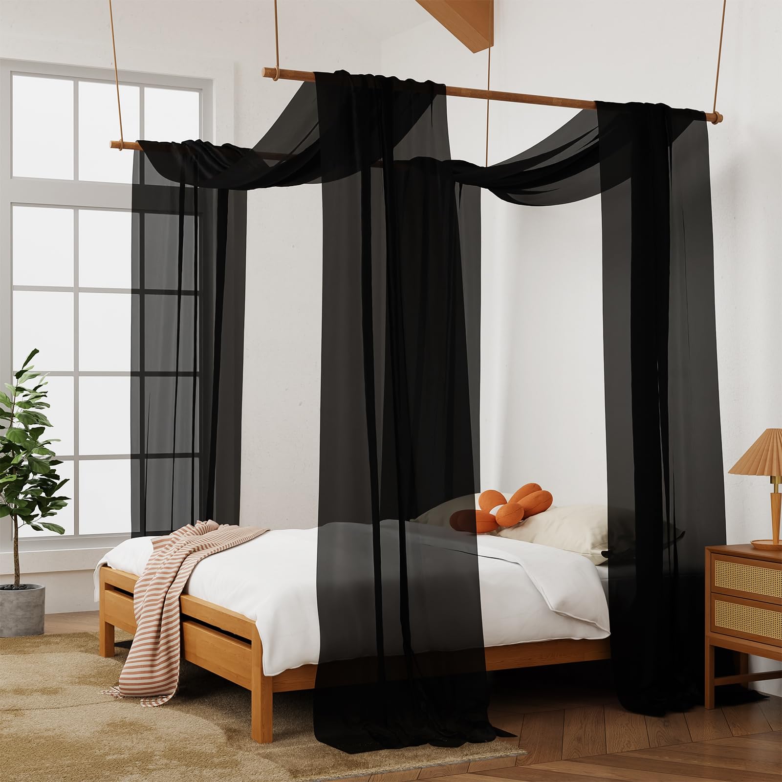 Luxury Black Sheer Canopy Bed Curtains - 52 x 256 Inches 2-Panel Bed Canopy Drapes for King Size Beds, Elegant Scarf Style Bedroom Decor for Adults & Girls - Perfect for Romantic Bedrooms, Boho Chic Spaces & Princess-Themed Rooms