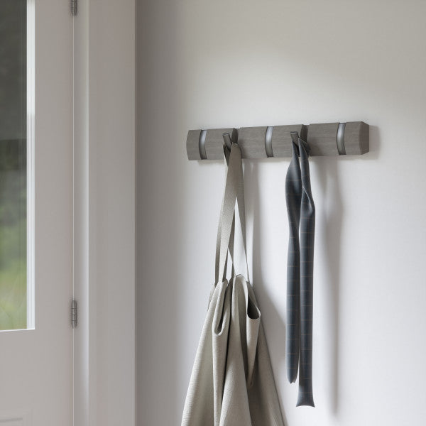Flip 5 Hook Wall Mounted Coat Rack - Space Saving Entryway Organizer for Hats, Jackets & Bags - Perfect for Home, Office or Dorm Room Organization
