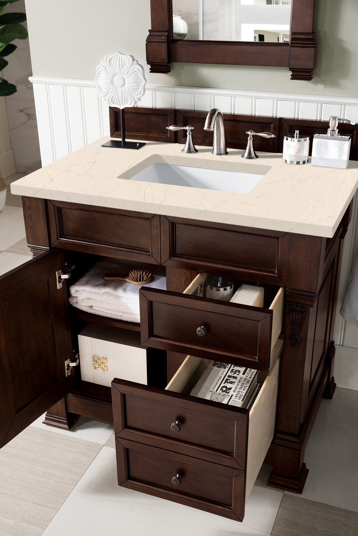 Brookfield 36 Inch Single Bathroom Vanity with Burnished Mahogany Base & 3CM Eternal Marfil Quartz Countertop - Perfect for Modern Master Bathrooms and Powder Rooms