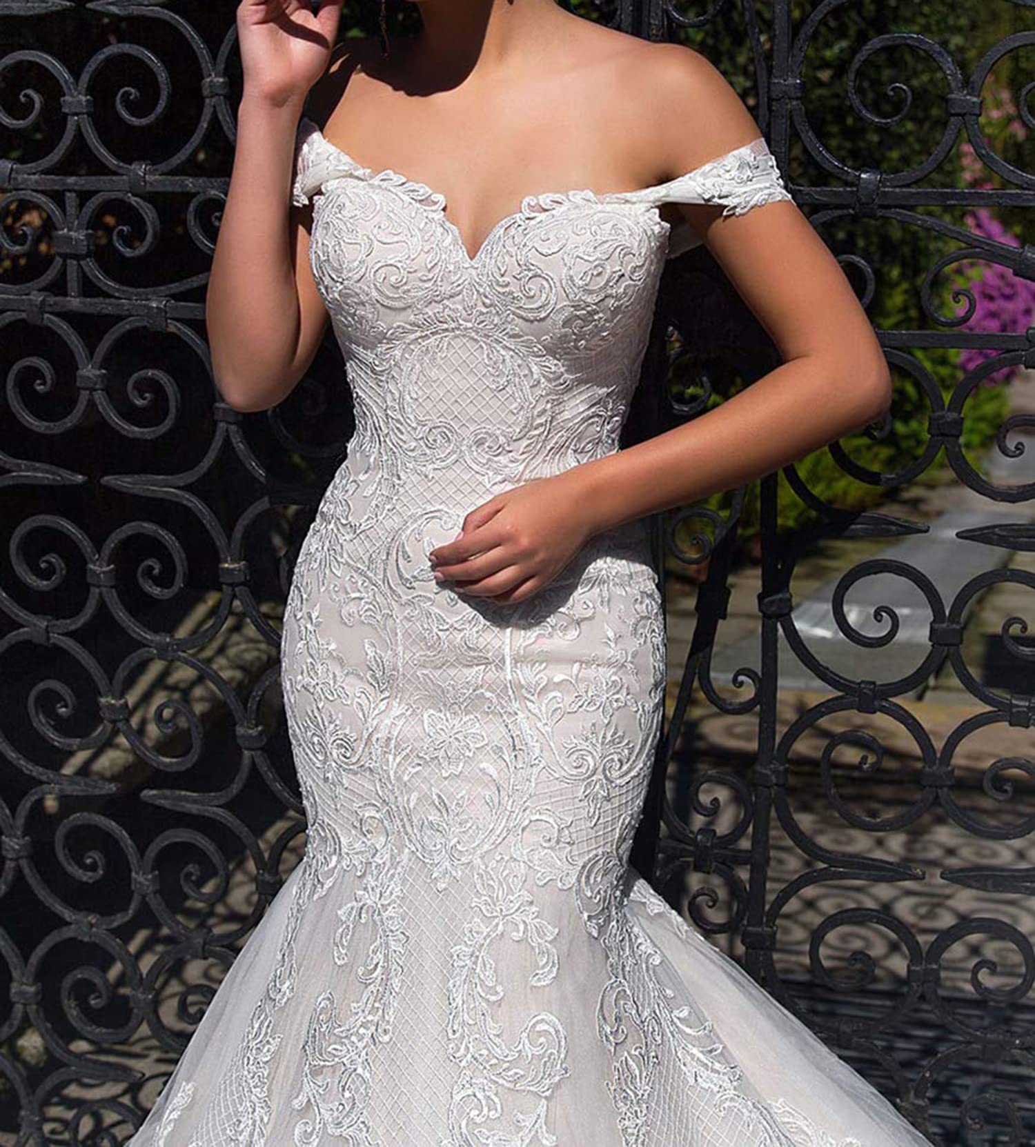 Fenghauvip Mermaid Wedding Dress | Off-The-Shoulder Bridal Gown with Lace-Up Back & Long Train | Perfect for Beach Weddings, Vow Renewals & Romantic Photoshoots