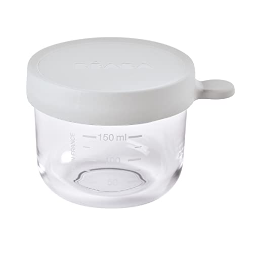 BEABA 5 oz Glass Baby Food Storage Containers with Airtight Lids - Freezer & Microwave Safe - BPA-Free Infant Feeding Jars - Perfect for Homemade Purees, Snacks & Meal Prep (Cloud)