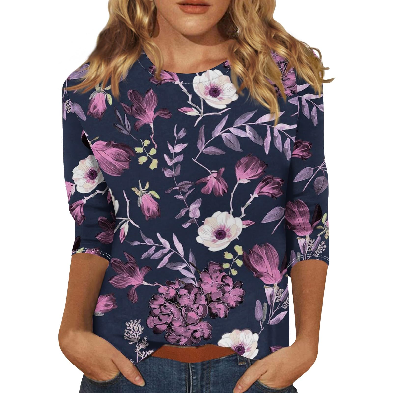 Women's 3/4 Sleeve Summer Tops - Crewneck Casual Blouses with Trendy Prints | Perfect for Beach Outings, Office Wear & Weekend Brunch