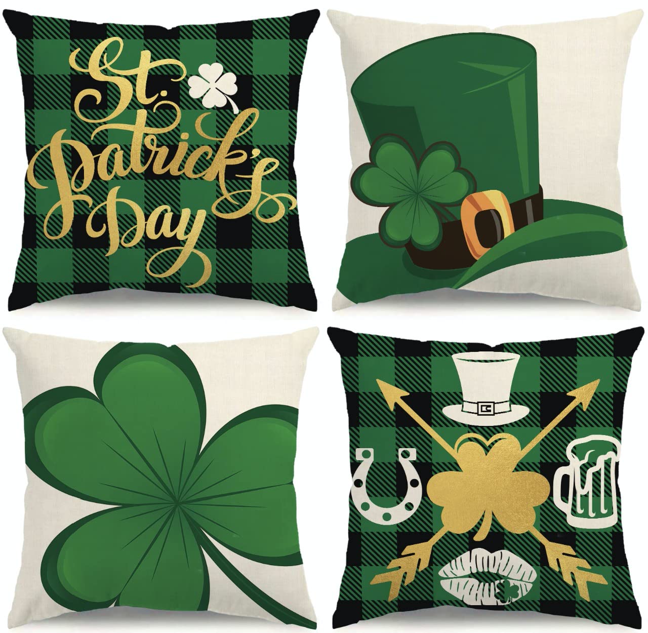 St. Patrick's Day Pillow Covers 18x18 Inch - 4 Pack Shamrock & Lucky Clover Throw Pillow Cases with Green Buffalo Plaid - Farmhouse Decor for Sofa, Couch, Bed - Perfect for Spring Home Decor & Irish Themed Parties
