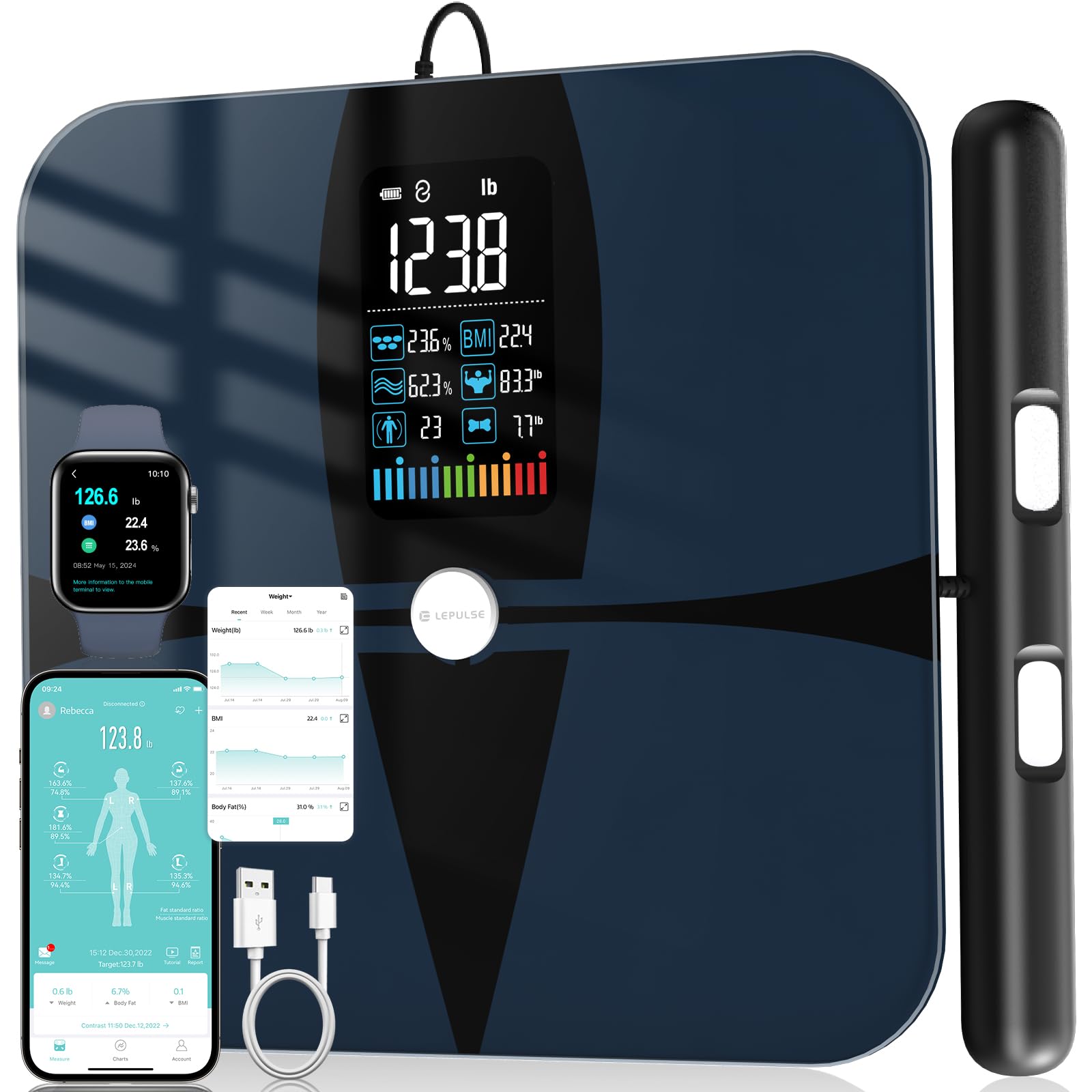 Lepulse Smart Body Composition Scale - 8 Electrode Digital Bathroom Scale with BMI, Body Fat, Muscle Mass, Weight Measurement - 20 Body Metrics Analysis with Large Color Display & App Reports (Black) - Perfect for Home Gym, Fitness Tracking & Health Monitoring