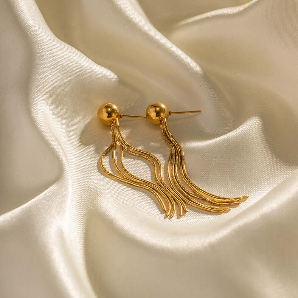 18K Gold Plated Titanium Tassel Fringe Long Dangle Earrings for Women | Elegant Boho Chic Statement Jewelry | Perfect for Parties, Weddings & Evening Events (JDE001)