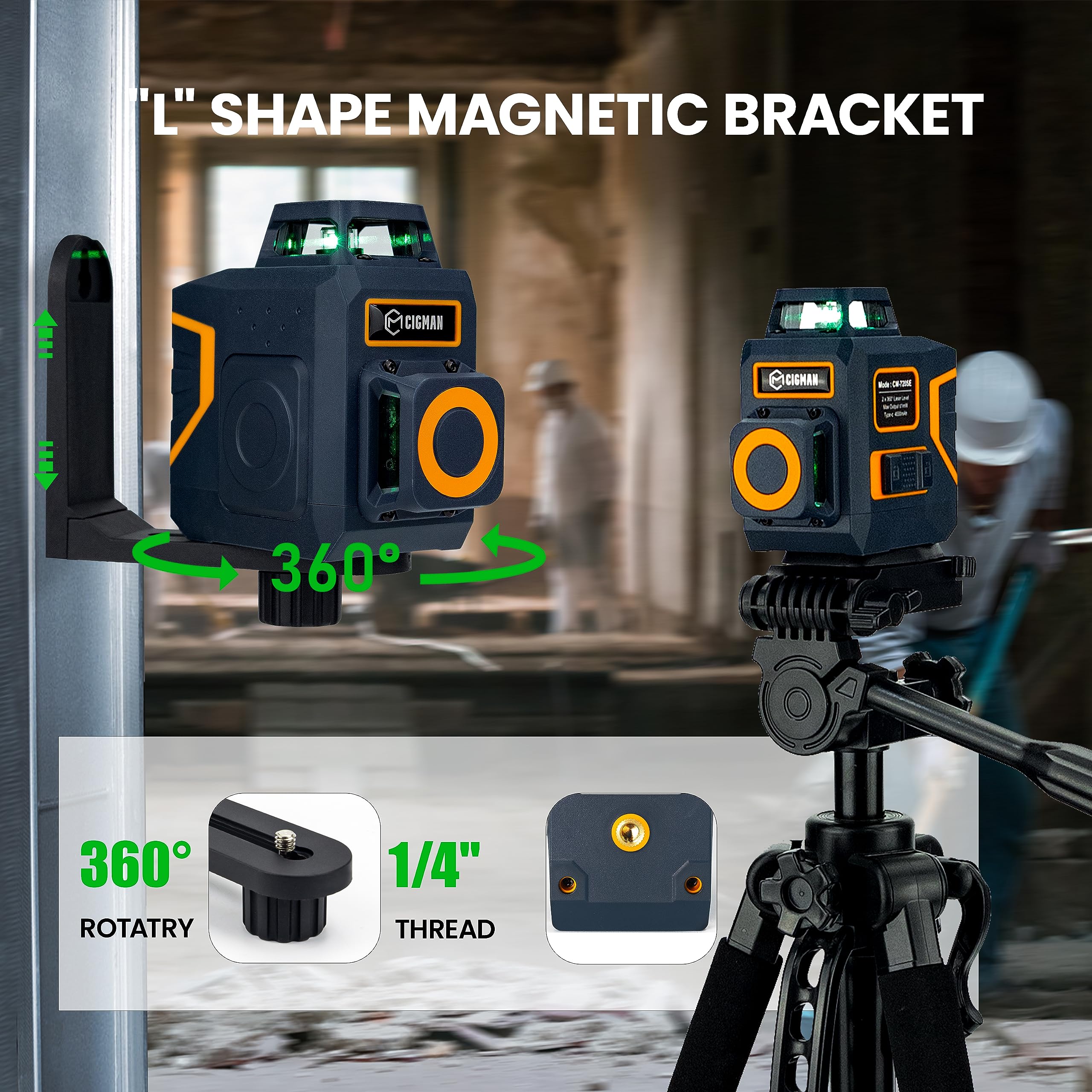 CIGMAN CM-720SE Self-Leveling Green Laser Level - 2 x 360° Cross Line Laser for Construction, Picture Hanging & Home Decoration | Rechargeable Battery & Magnetic L-Bracket Included | Perfect for Wall Mounting, Tile Installation & DIY Projects