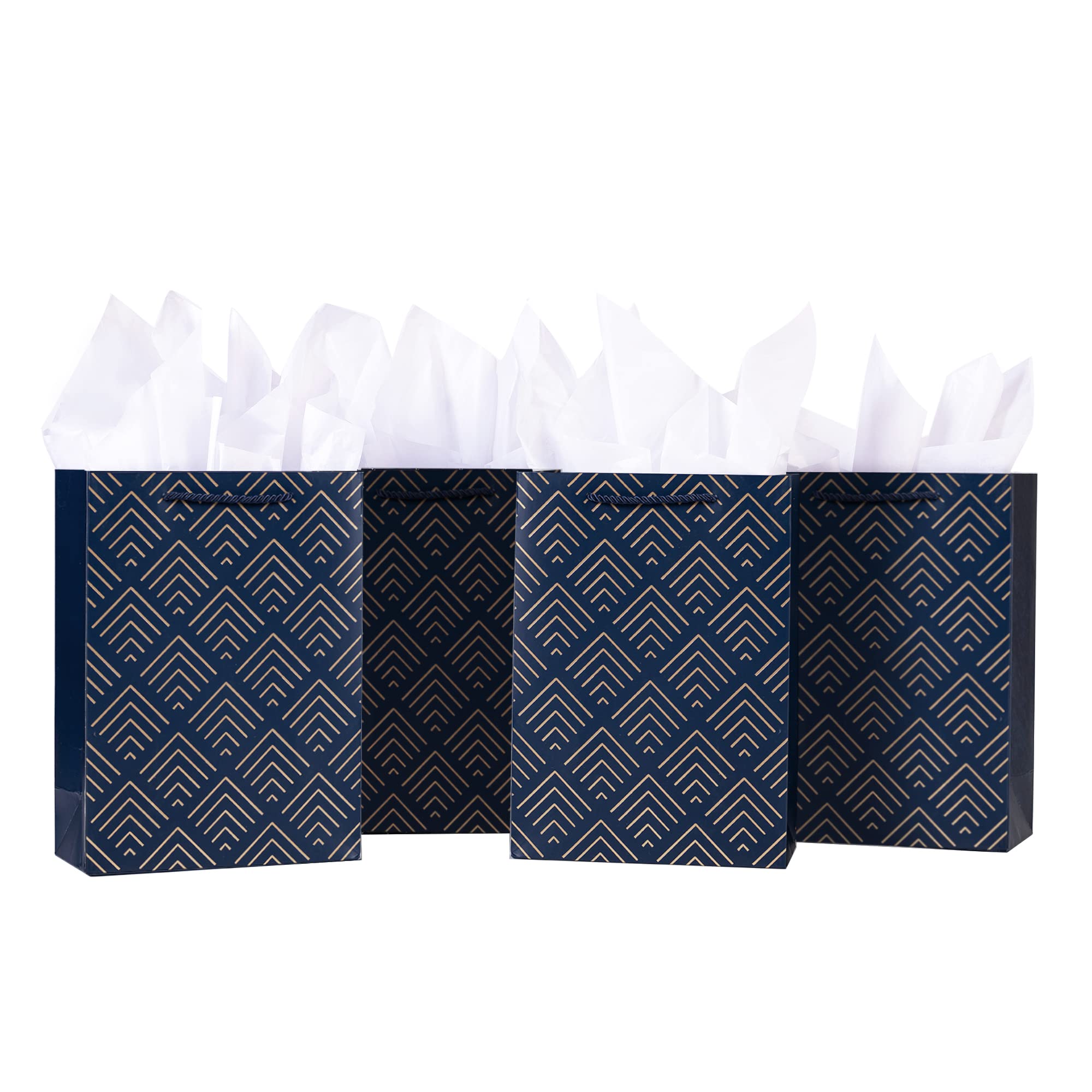 10 Pack Navy Blue Gift Bags with Gold Square Stripes - 8x4x11 Kraft Paper Bags with Handles Bulk - Includes Tissue Paper - Perfect for Groomsmen Gifts, Men's Presents & Party Favors - Great for Weddings, Birthdays & Corporate Events