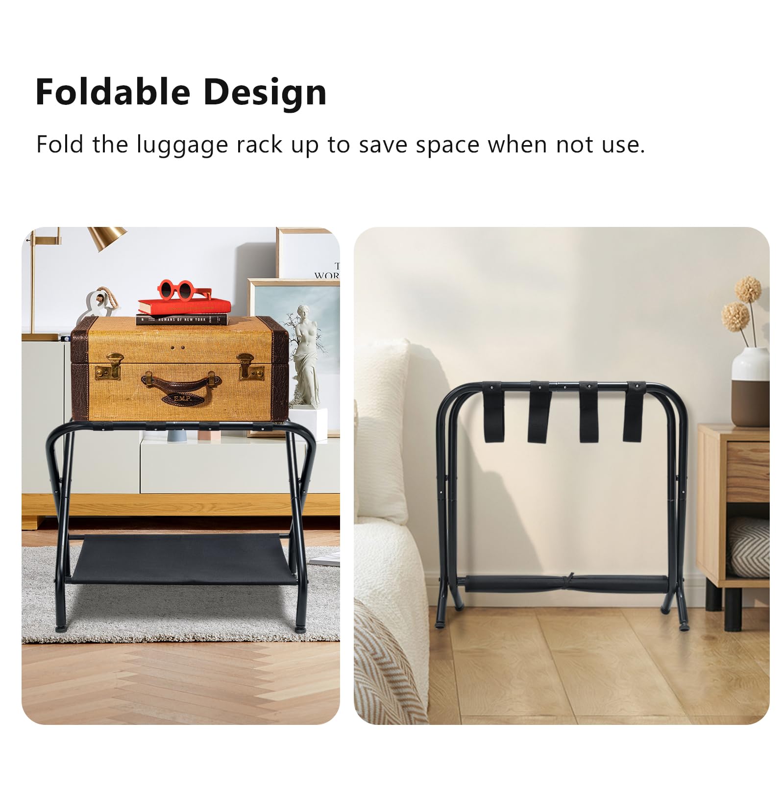Dunatou Folding Luggage Rack with Storage Shelf - Heavy Duty 200 lb Capacity - Space Saving Suitcase Stand for Hotel Bedroom, Guest Room & Home Use - Sturdy Black Travel Organizer for Suitcases & Bags