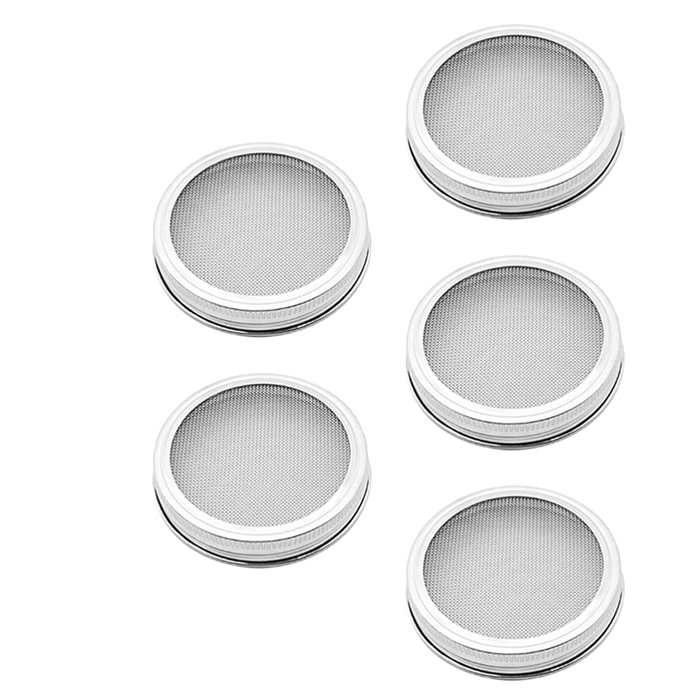 Hemoton 5pcs Stainless Steel Sprouting Lids - Mason Jar Strainer for Growing Bean & Broccoli Sprouts - Kitchen Gardening Essential
