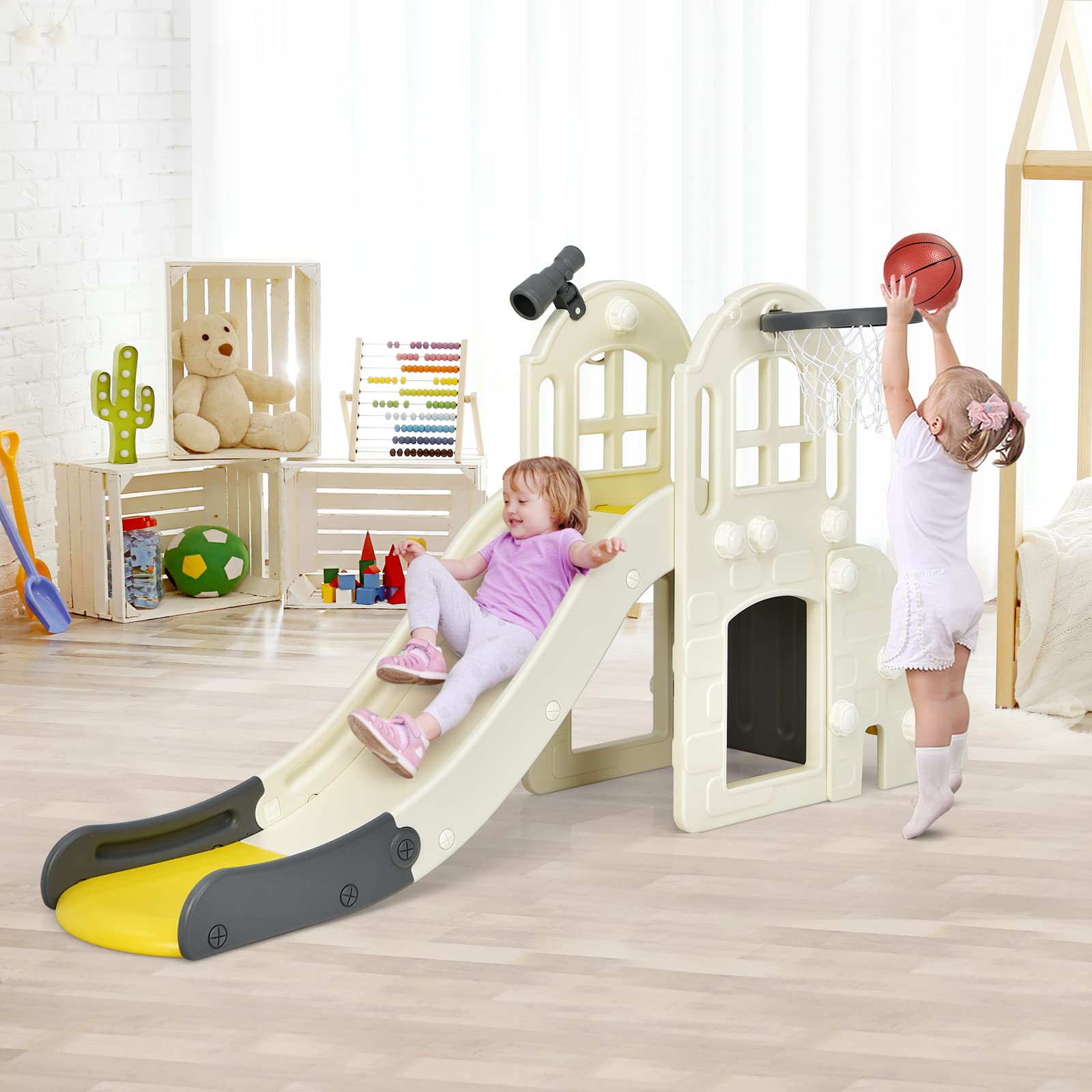 BABY JOY 6-in-1 Toddler Slide & Climber Set with Basketball Hoop & Ring Toss - Convertible Indoor/Outdoor Playground for Boys & Girls Ages 2-5 - Perfect for Backyard, Playroom & Birthday Gifts