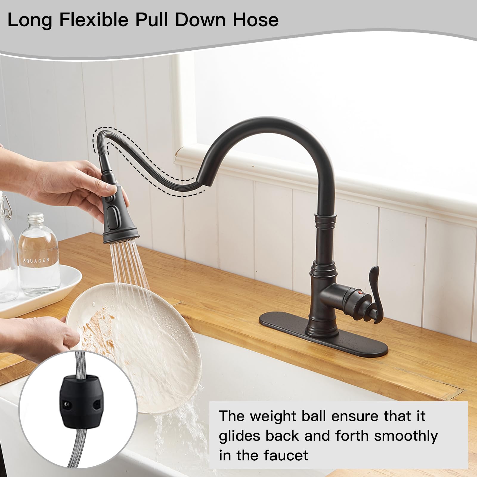 Matte Black Kitchen Faucet with Pull Down Sprayer - 3 Function Single Handle High Arc Commercial Sink Faucet with Deck Plate (Fits 1 or 3 Hole) - Perfect for Modern Kitchens, Restaurants & Food Prep Areas