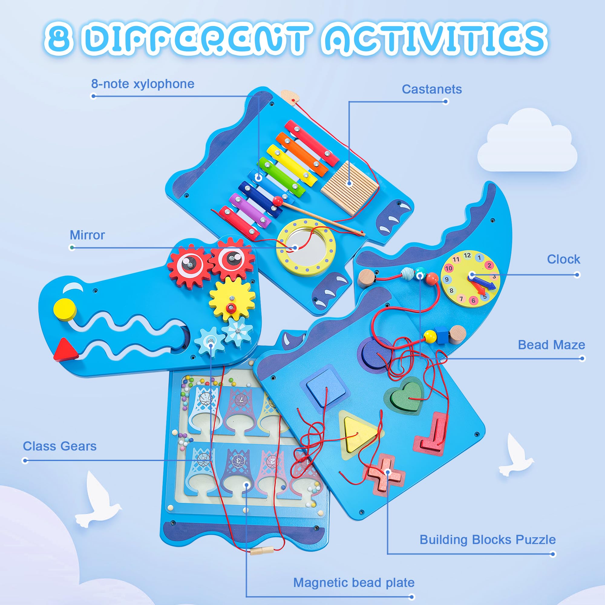 Crocodile Sensory Toys Activity Wall Panels - Montessori Educational Busy Board for Toddlers, Wooden Learning Activity Cube & Interactive Sensory Wall (Blue) | Perfect for Daycare, Preschool & Home Playrooms