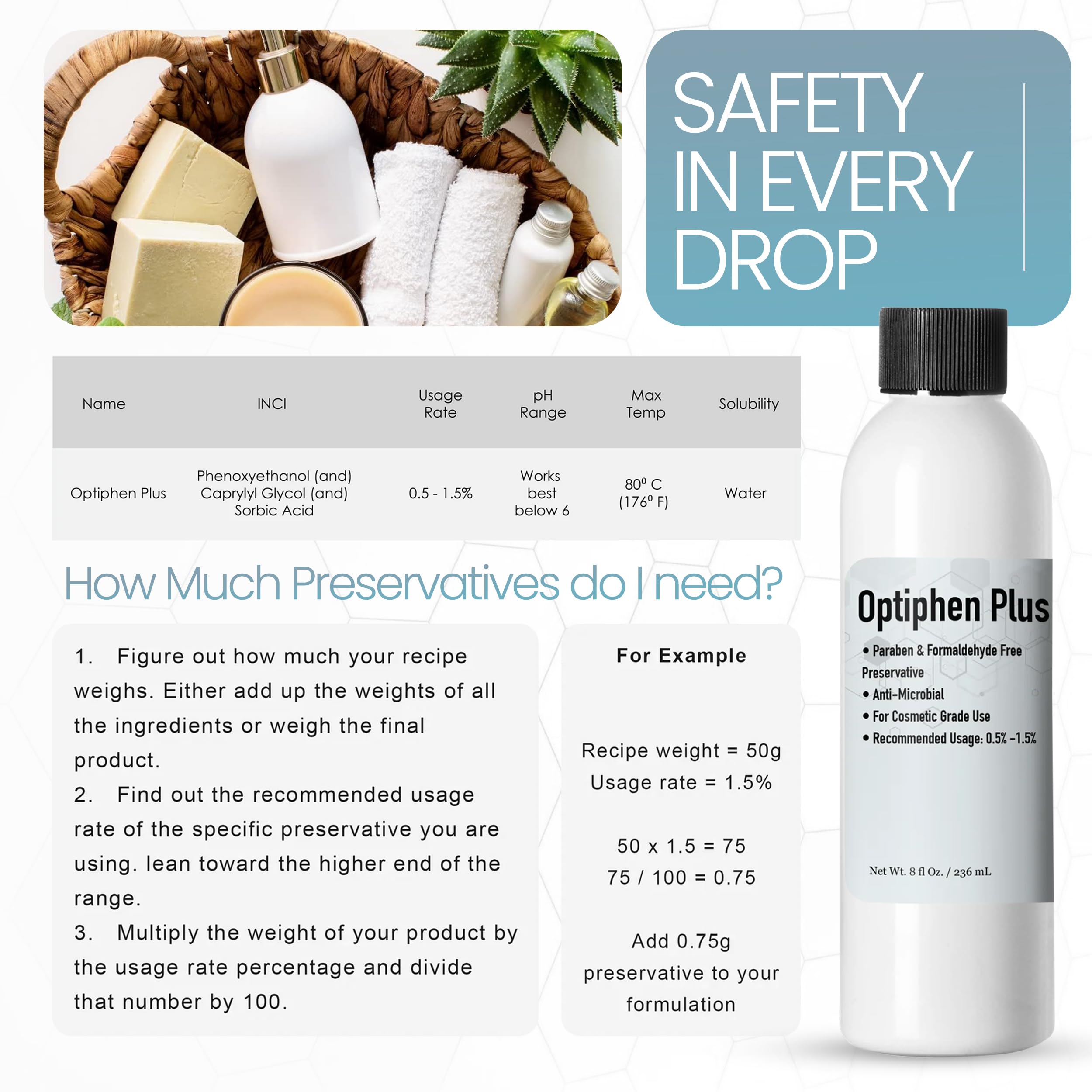 Optiphen Plus Natural Preservative for Cosmetics – 8 oz (236 mL) | DIY Lotion, Serum & Skincare Preservative | Vegan, Paraben-Free | Extends Shelf Life for Homemade Beauty Products