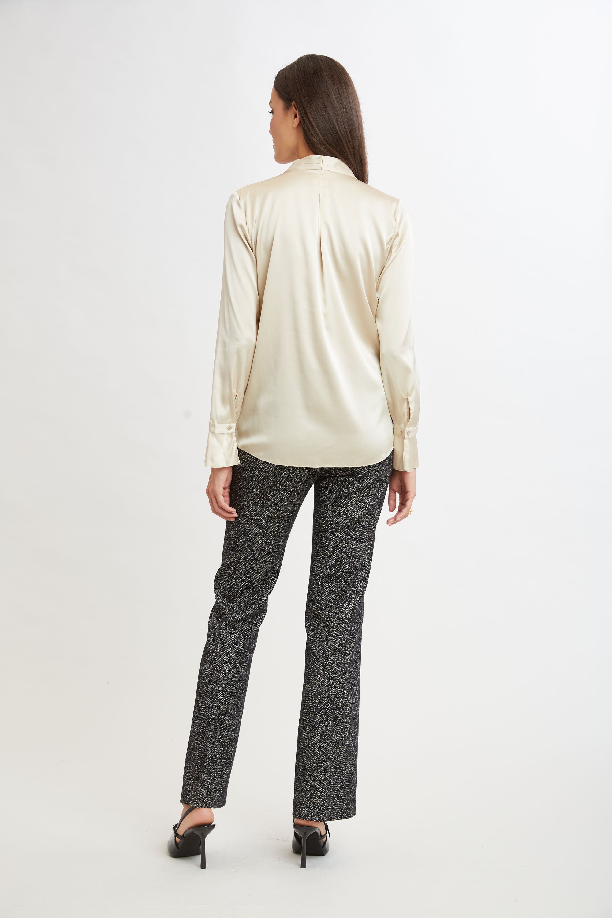 Silk Satin Blouse with Contour Neckline & Ruffle Cuffs - Elegant Women's Dress Shirt for Office, Party & Special Occasions