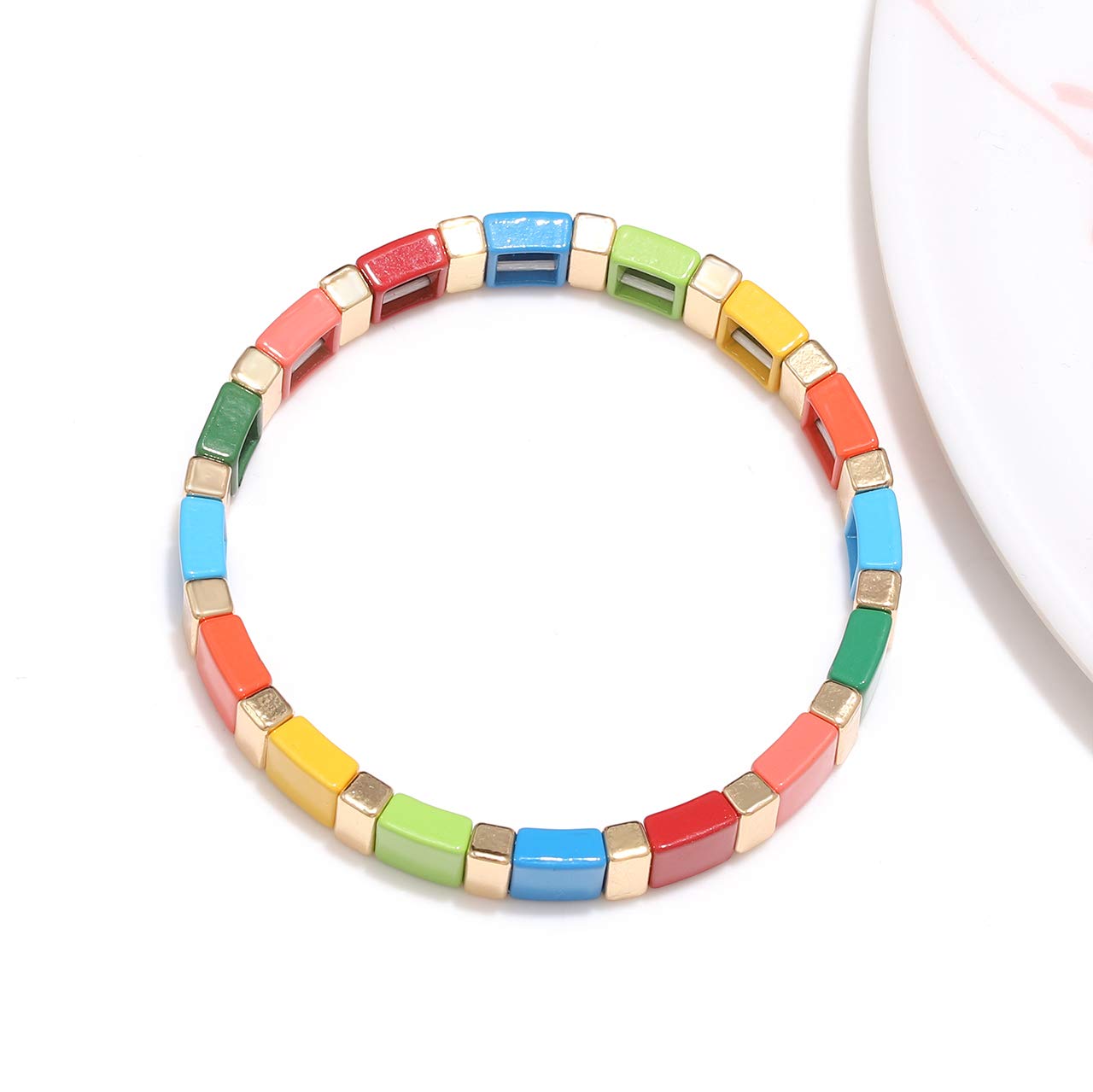 Rainbow Enamel Tile Bead Stretch Bracelets Set - Colorful Elastic Stackable Boho Bracelets for Women & Men | Handmade Layering Bracelets for Casual Wear, Festivals & Gifts