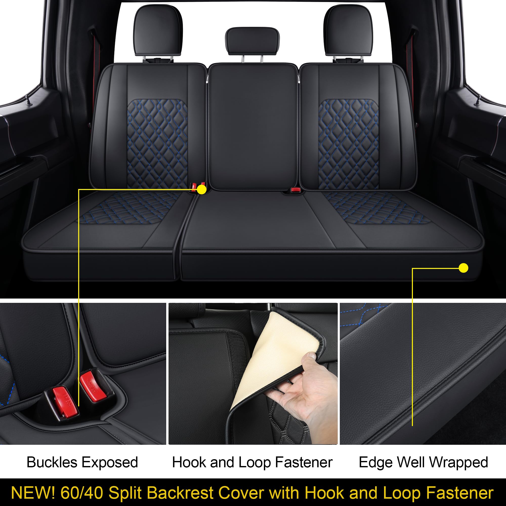 LUCKYMAN CLUB Premium Waterproof Faux Leather Seat Covers for Ford F150 (2015-2024) & F250/F350/F450 (2017-2024) - Full Set Black-Blue Design - Durable Protection for Trucks, Off-Roading & Daily Commute