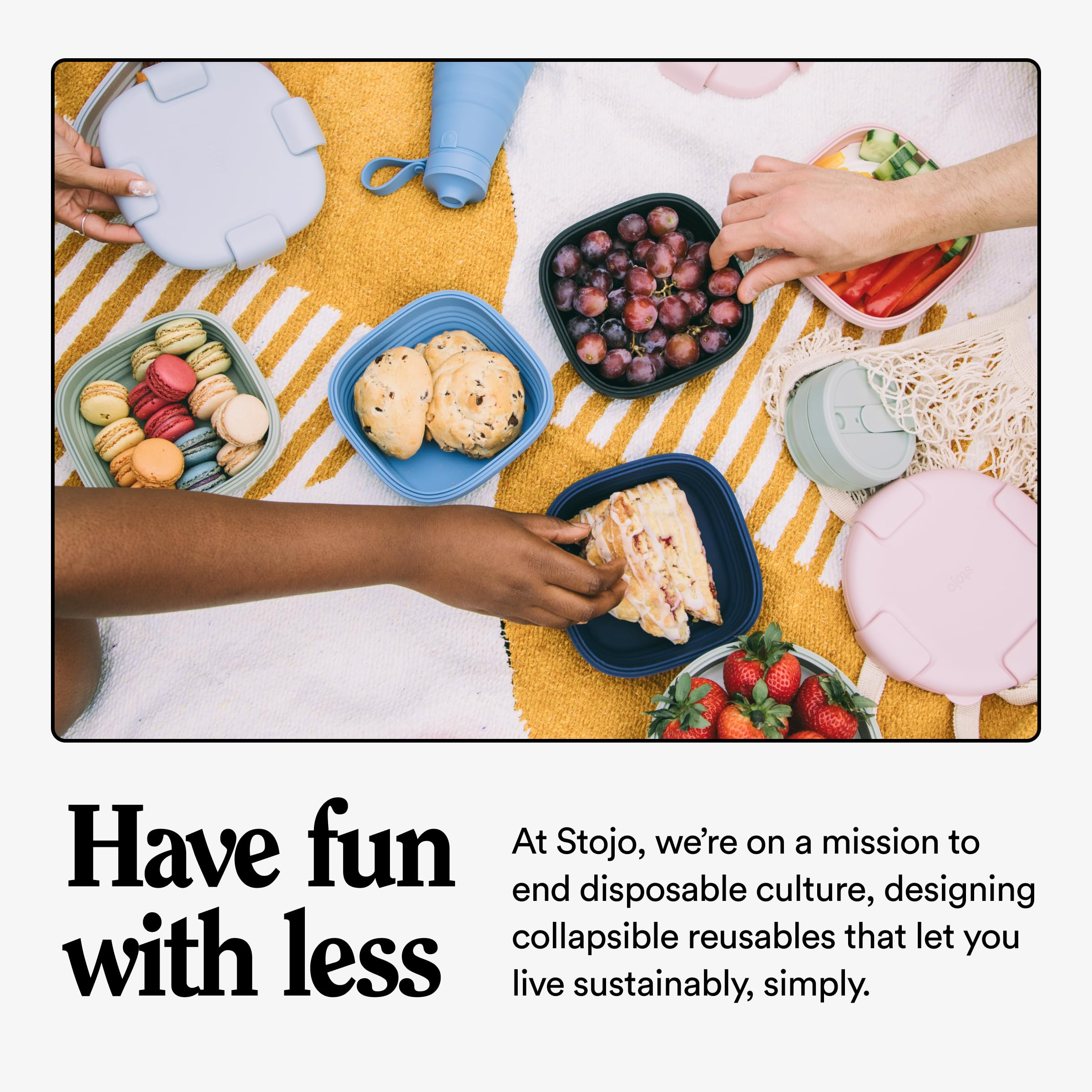 STOJO Collapsible Bowl 5-Piece Set - 36oz Reusable Silicone Food Container for Hot & Cold Meals - Microwave & Dishwasher Safe - Translucent Denim - Ideal for Travel, Camping, Hiking, Office Lunch & Meal Prep - Space-Saving Portable Bowls