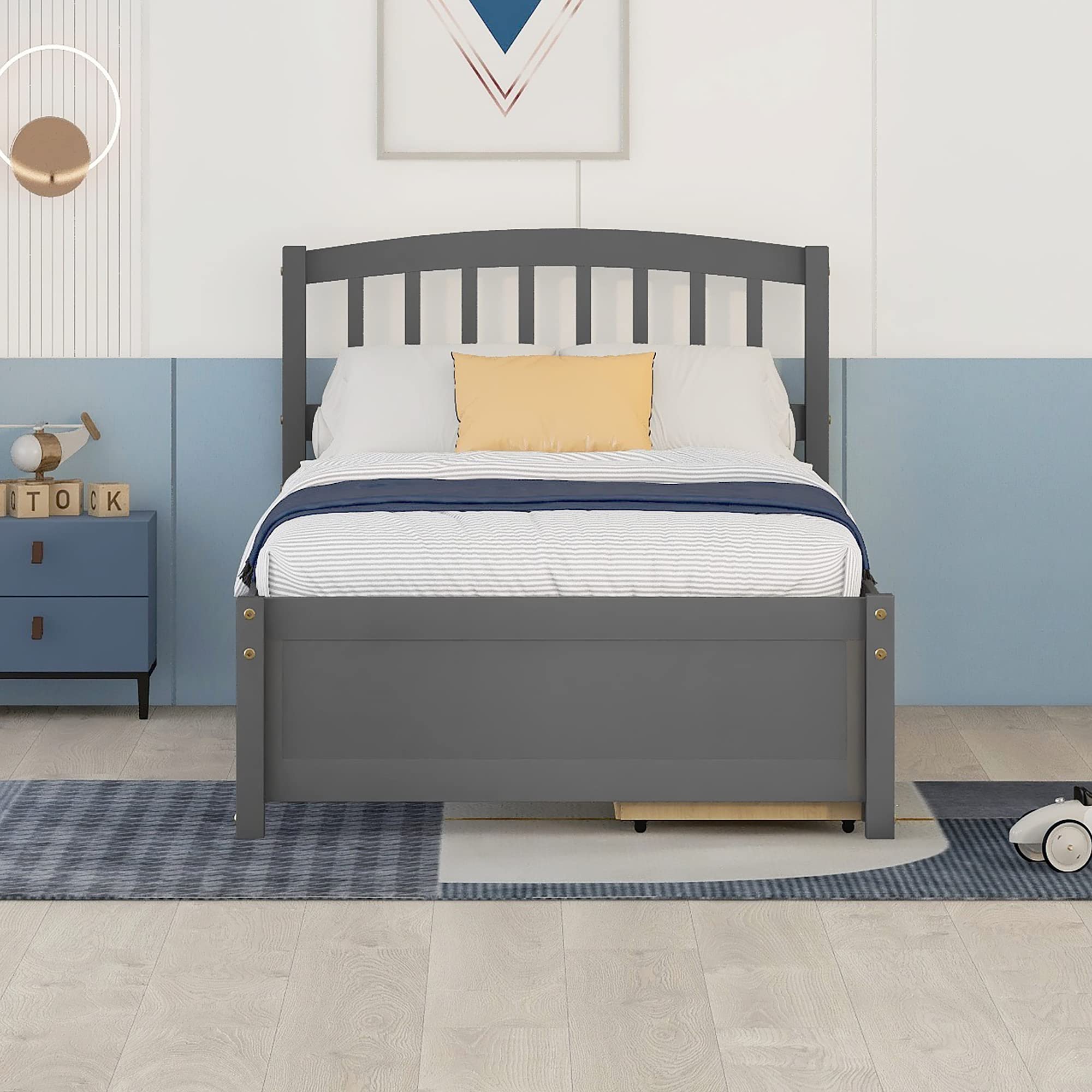 **Twin Wood Bed Frame with Headboard, Footboard & Storage Drawers - Gray Platform Captain Bed for Kids, Teens & Adults - Perfect for Small Bedrooms & Guest Rooms**