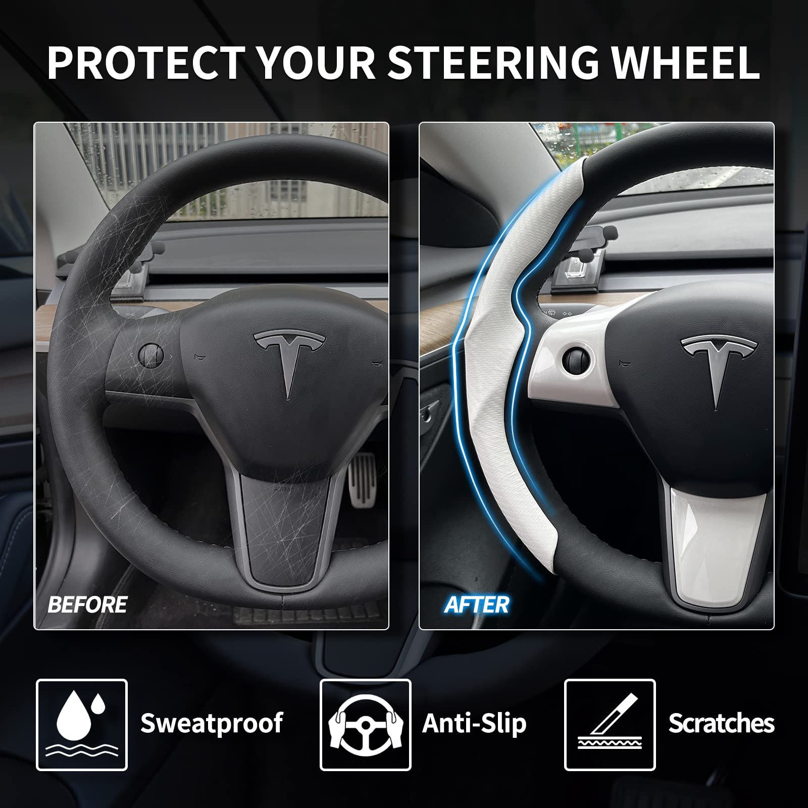 Premium Carbon Fiber Steering Wheel Cover & ABS Wrap Kit for Tesla Model 3/Y - White | Enhances Grip & Style | Perfect for Daily Commute & Road Trips