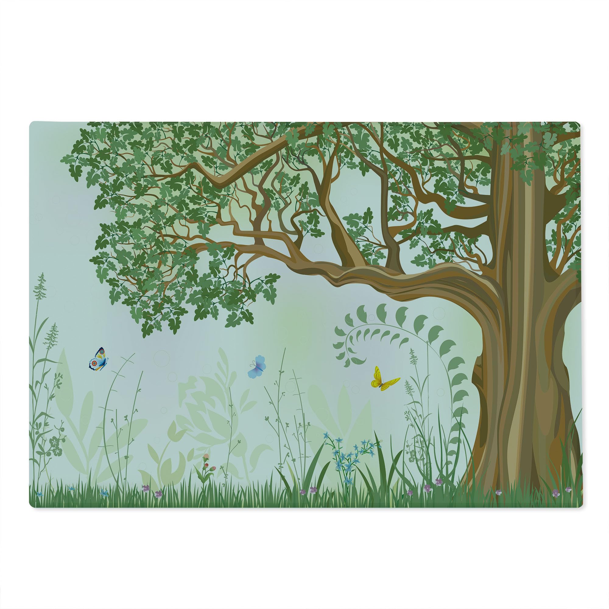 Ambesonne Nature Themed Cutting Board - Spring Summer Tree Grass Butterfly Oil Painting Design - Decorative Tempered Glass Serving Board - Large Size (Green, Brown, White) - Perfect for Kitchen Decor, Cheese Platter & Wall Art Display