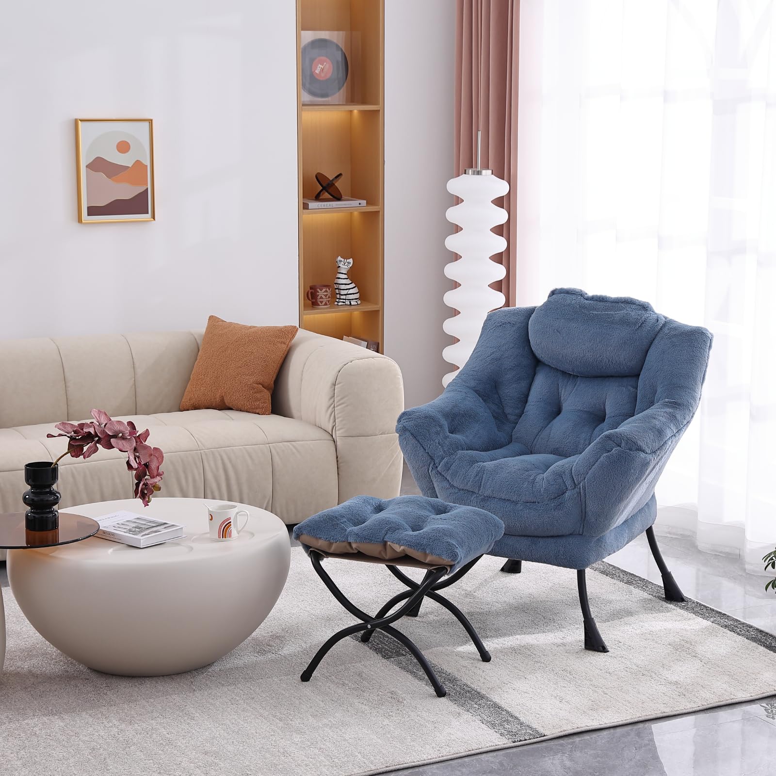 Modern Lazy Chair with Ottoman - Plush Light Blue Upholstered Lounge Chair Set with Armrests for Living Room, Bedroom & Office | Perfect for Reading, Relaxing & Leisure Time