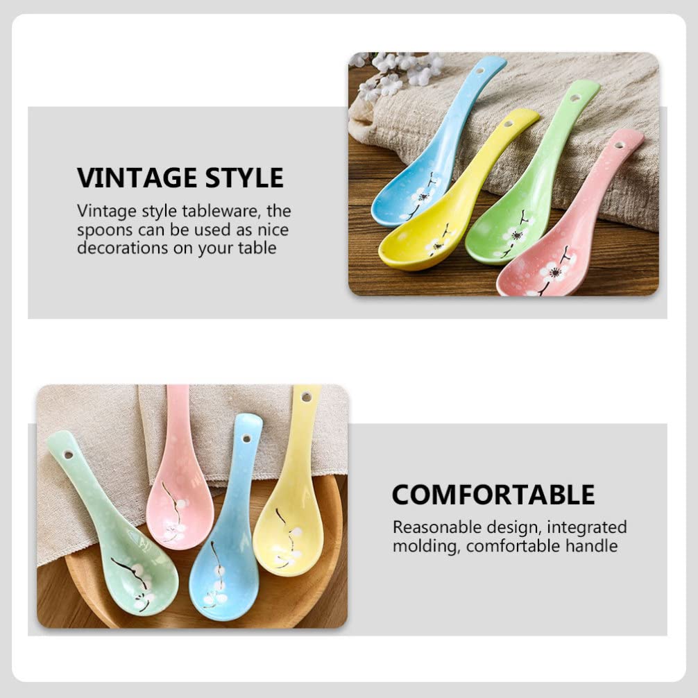 4-Piece Ceramic Spoon Set - Small Porridge, Soup, Dessert Spoons - Elegant Retro Plum Blossom Design - Perfect for Breakfast, Tea Time & Fine Dining