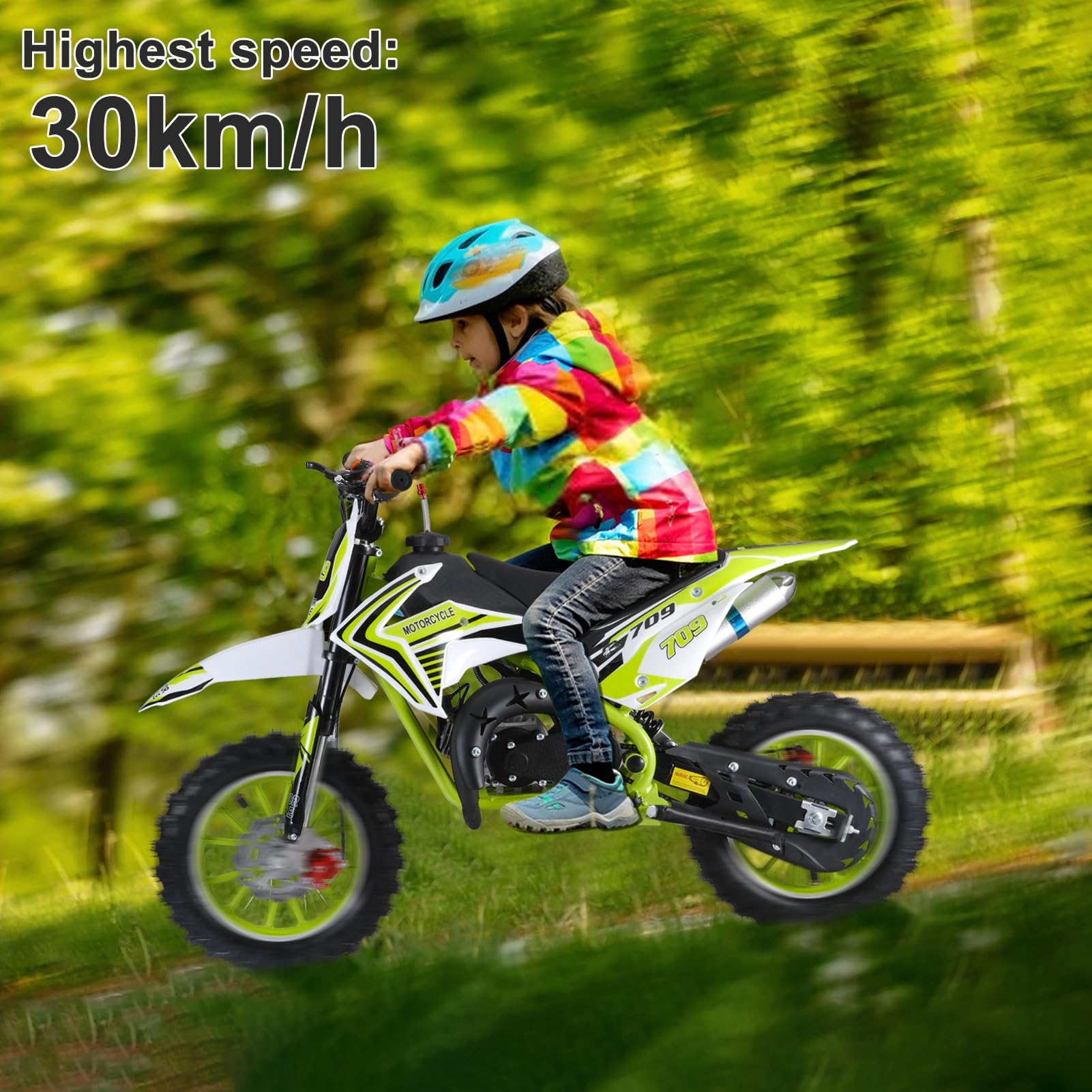 49cc 2-Stroke Gas Powered Kids Dirt Bike - Mini Motorcycle for Off-Road & Motocross - Green Pocket Rocket with Front & Rear Disc Brakes - Perfect for Backyard Riding, Trail Adventures & Youth Racing
