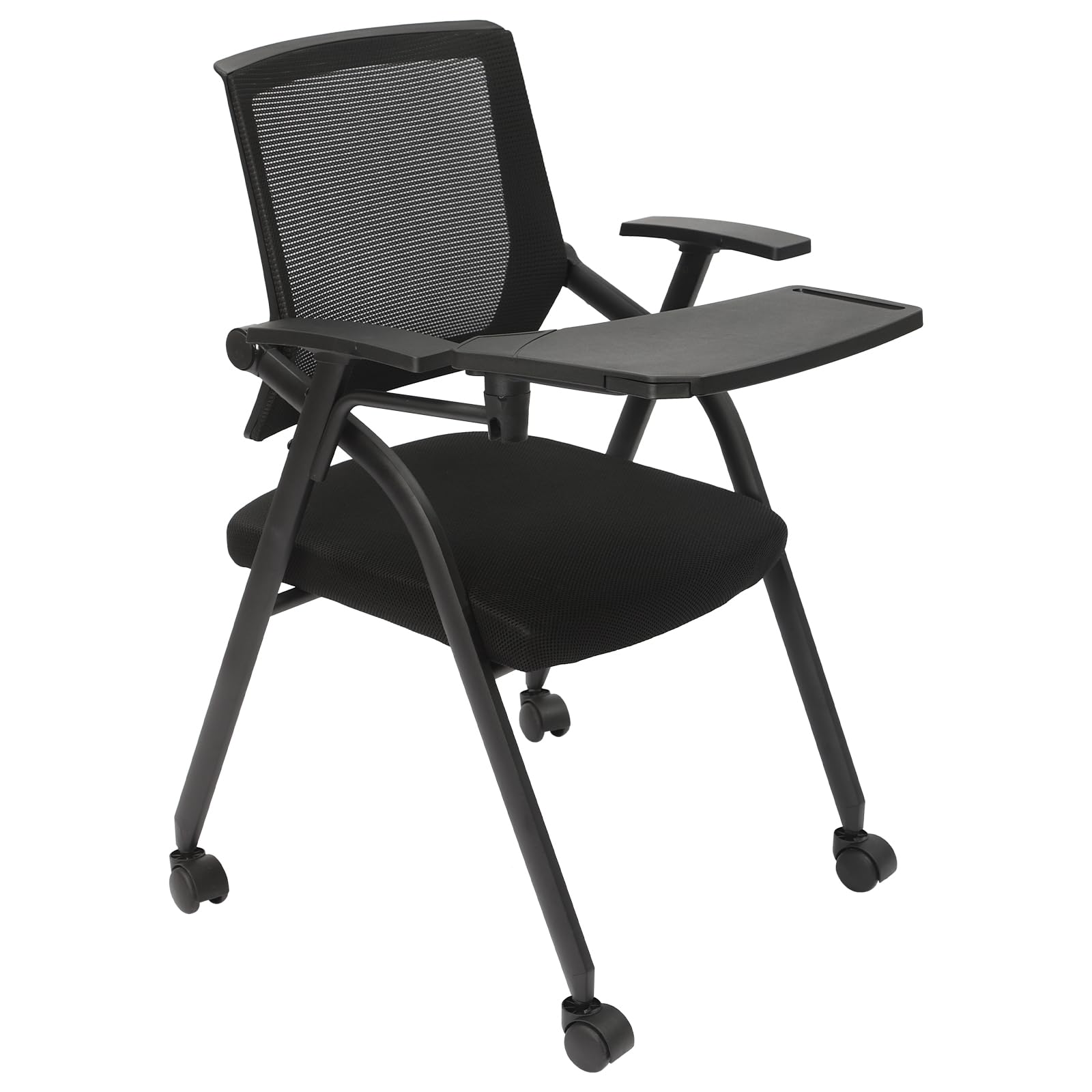 Right-Handed Tablet Arm Chair - 1 Pack Black Mesh Executive Office Chair with Caster Wheels for Conference Rooms, Waiting Areas & Guest Reception - Stackable Ergonomic Desk Chair for Work & Meetings