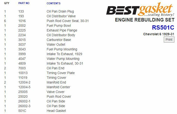 Best Full Engine Gasket Set with Copper Head for 1929-1931 Chevy Master 194 Stovebolt - Perfect for Classic Car Restoration & Engine Rebuild Projects